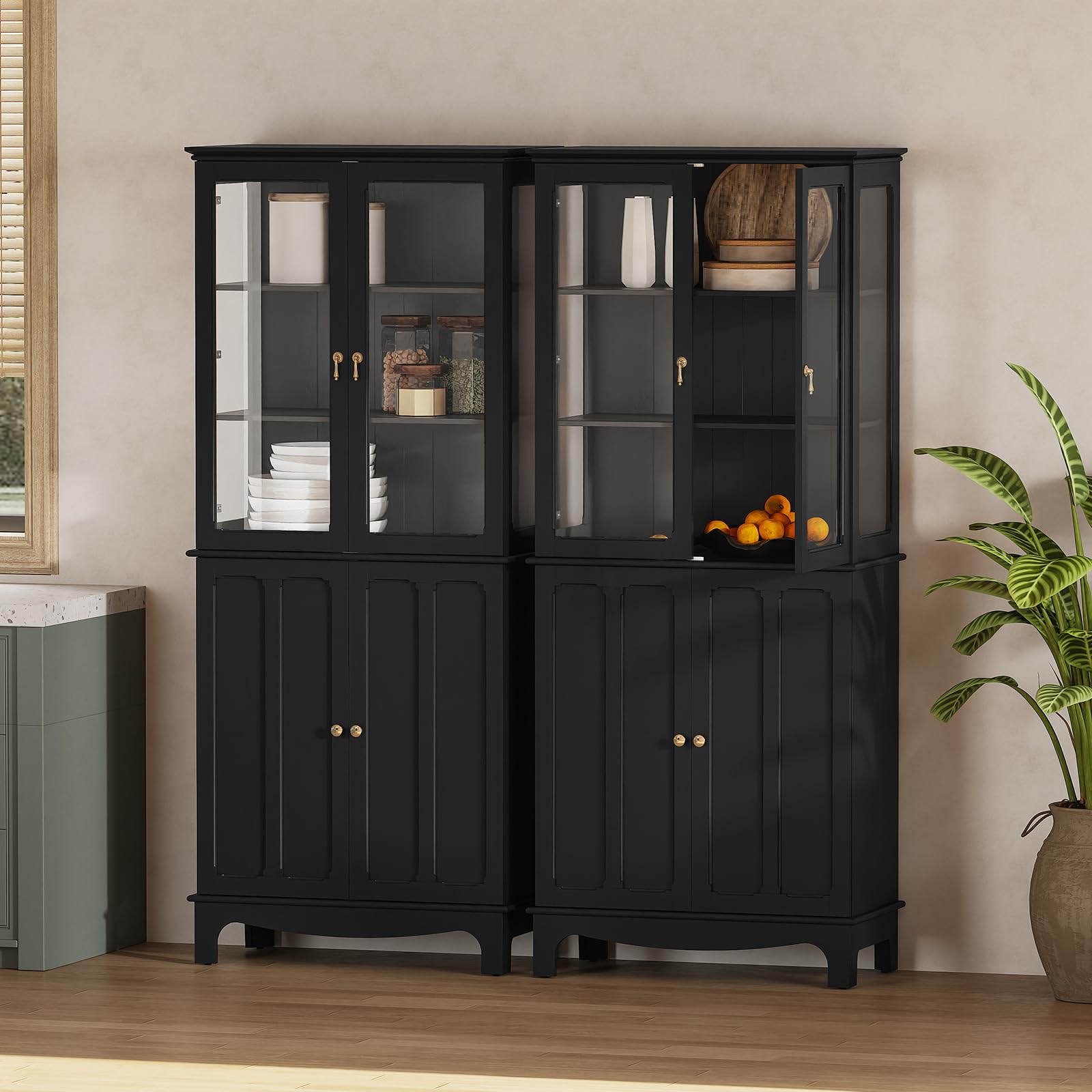 Glass Door Kitchen Pantry Cabinet with Adjustable Shelves