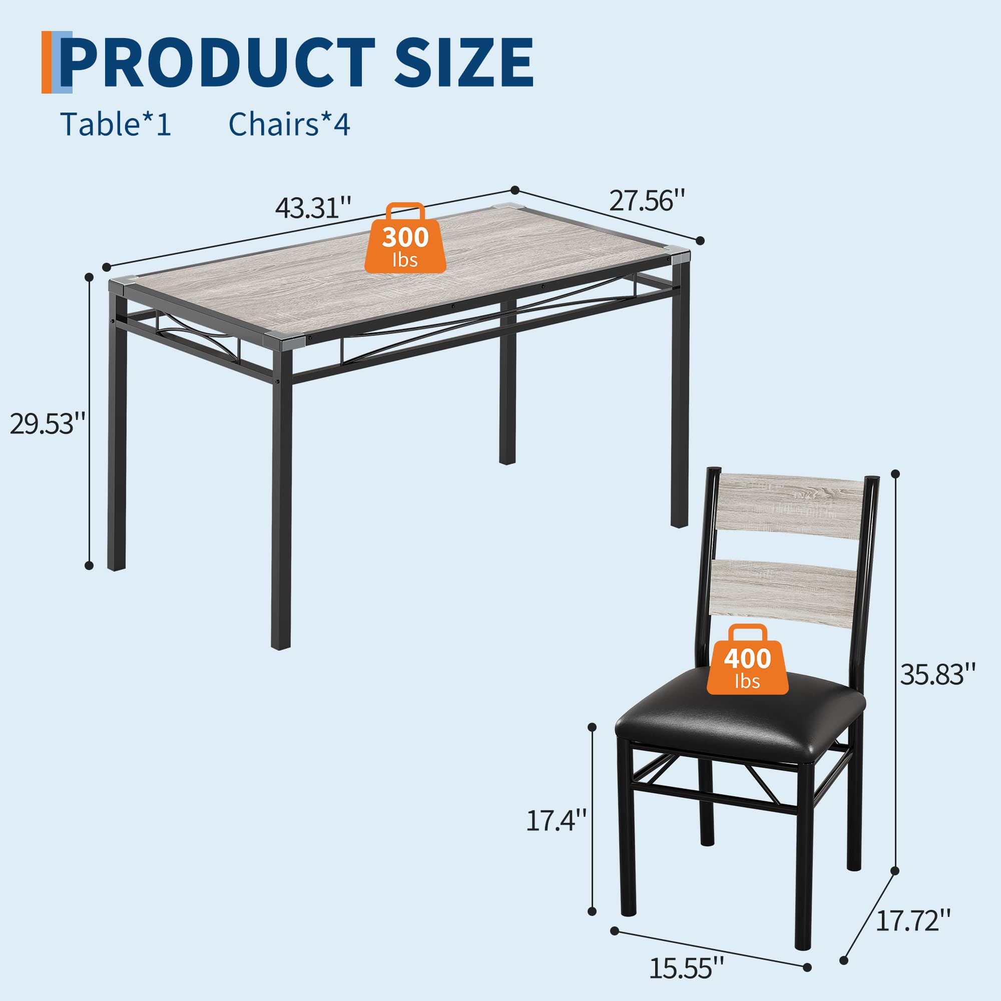 5-Piece Industrial Dining Table Set for 4