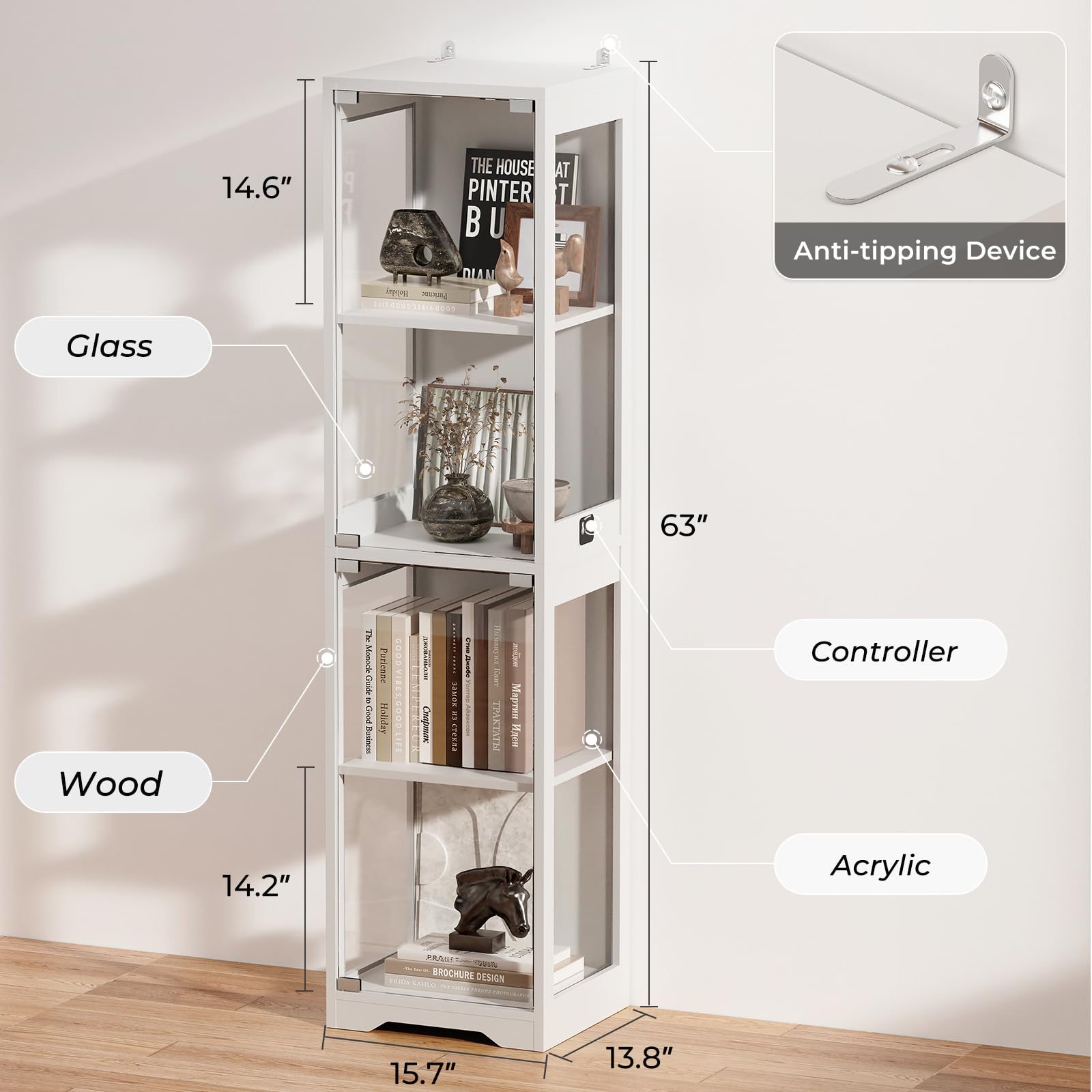 63" Glass Display Cabinet with 3-Color LED Lights