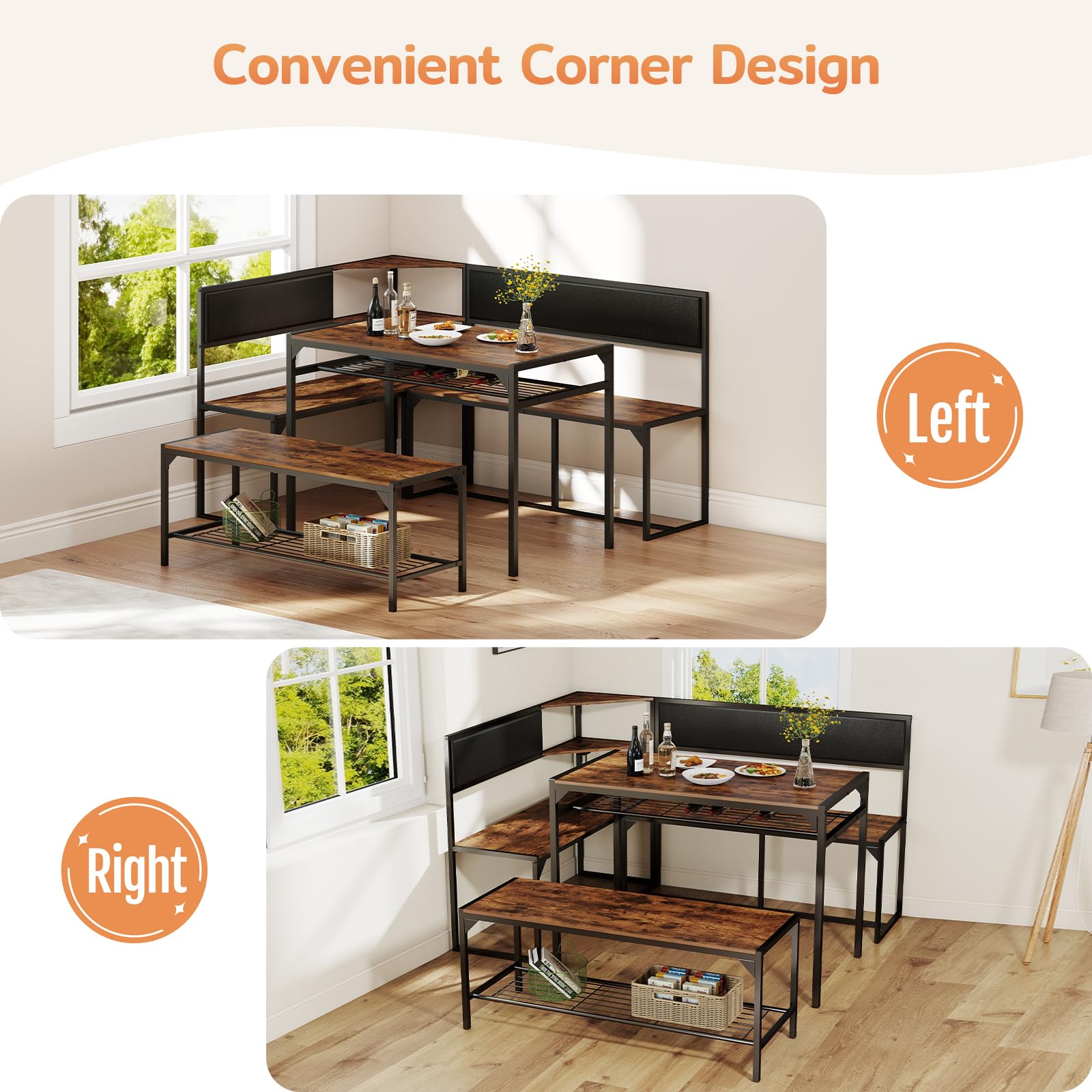 Zevemomo Kitchen Breakfast Nook Table Set for 4-6, Corner Dining Table Set with Charging Port, L-Shaped Corner Kitchen Table with Storage & Bench, Farmhouse Dining Table Set for Small Space, Brown