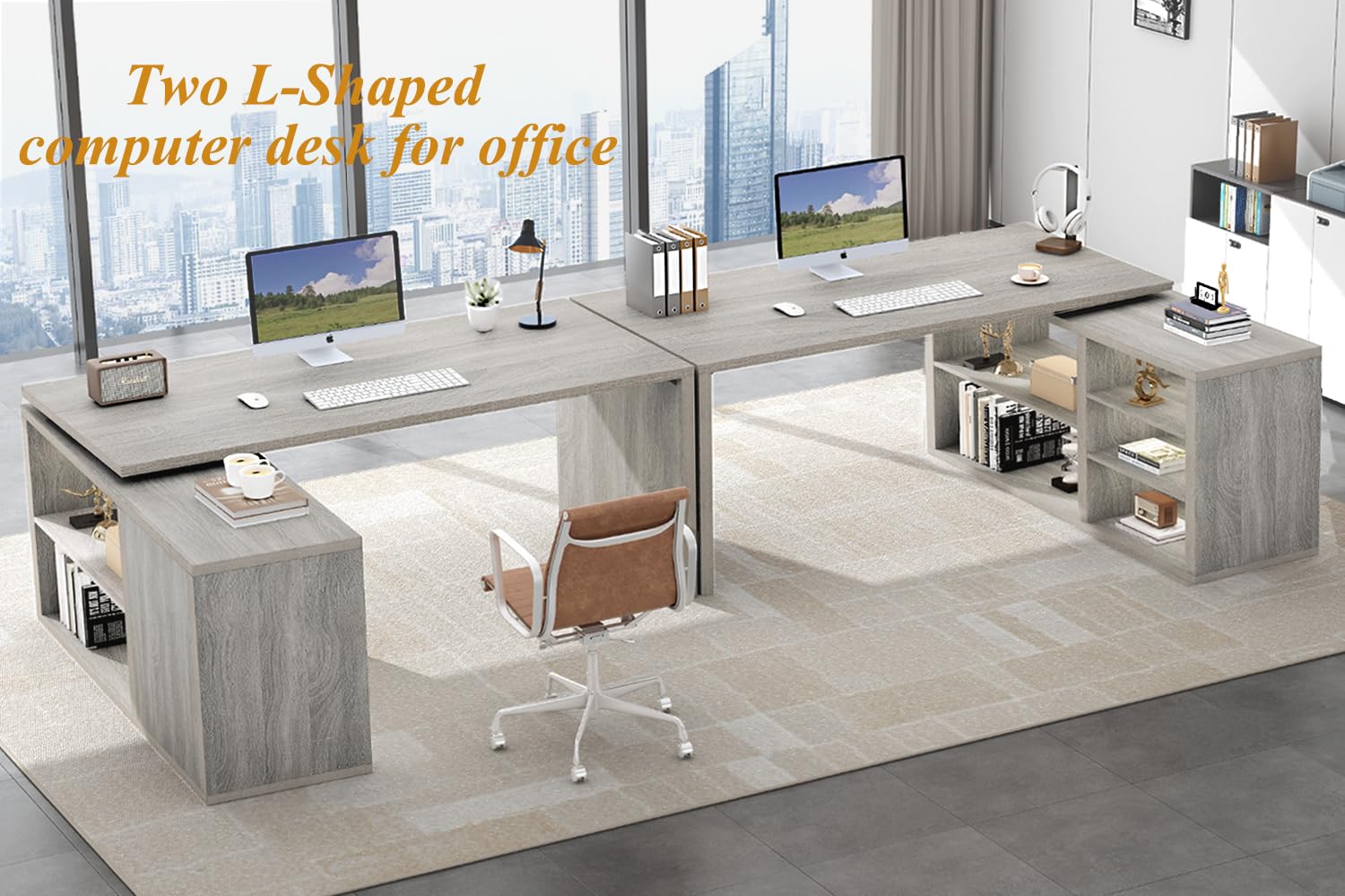 L-Shaped Corner Desk with Storage Shelves & Cabinet