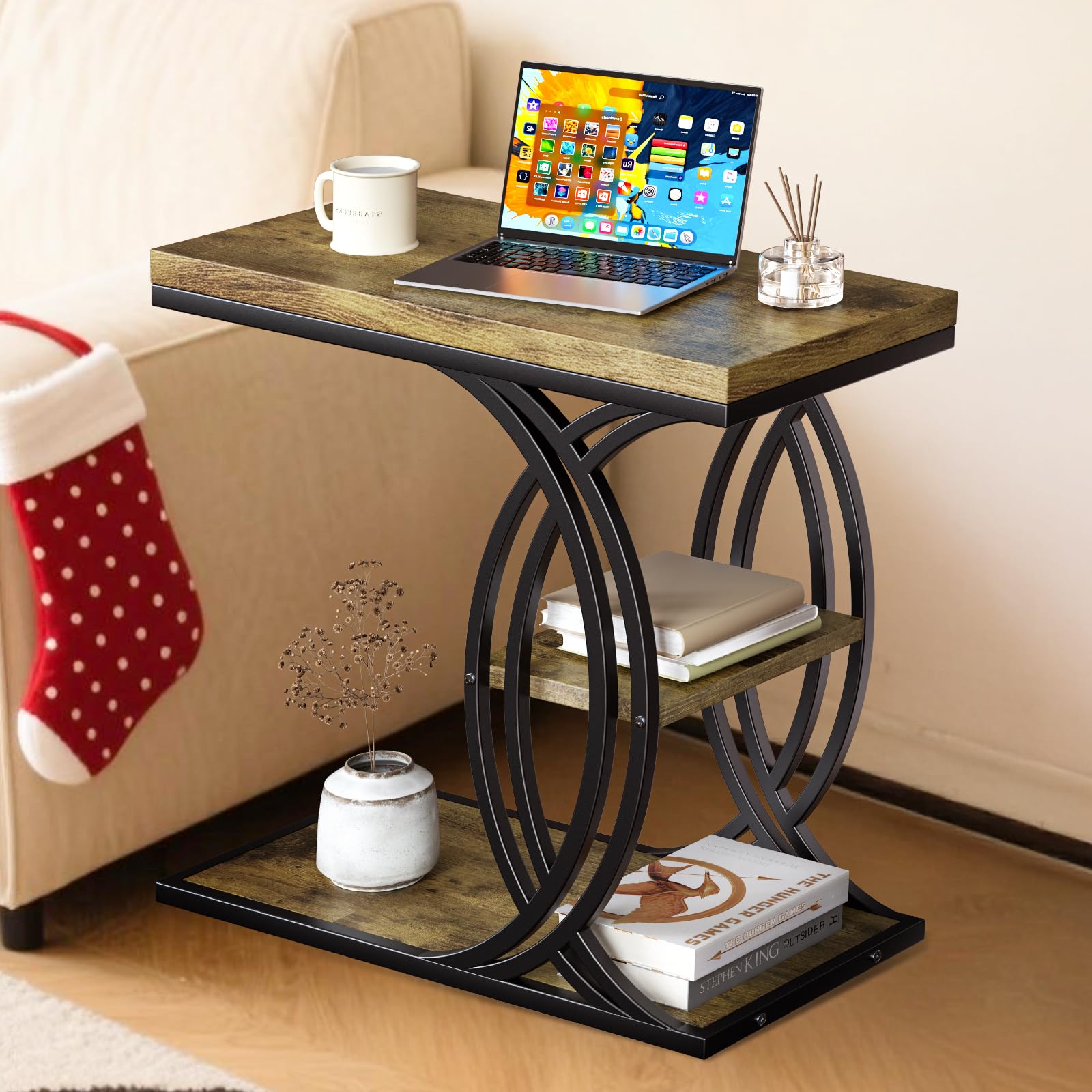 C-Shaped 3-Tier End Table with Metal Frame