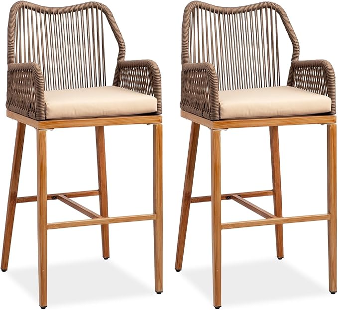 Outdoor Wicker Bar Stools with Cushions (Set of 2)