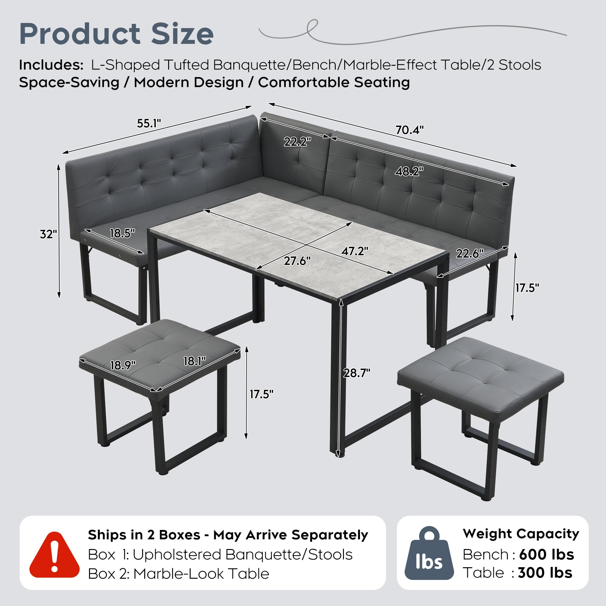 Yechen Corner Dining Table Set with Upholstered Banquette, 70 Inch 5-Piece Kitchen Breakfast Nook Table Set, Space Saving, Grey(Table, Bench, Dining Stools)