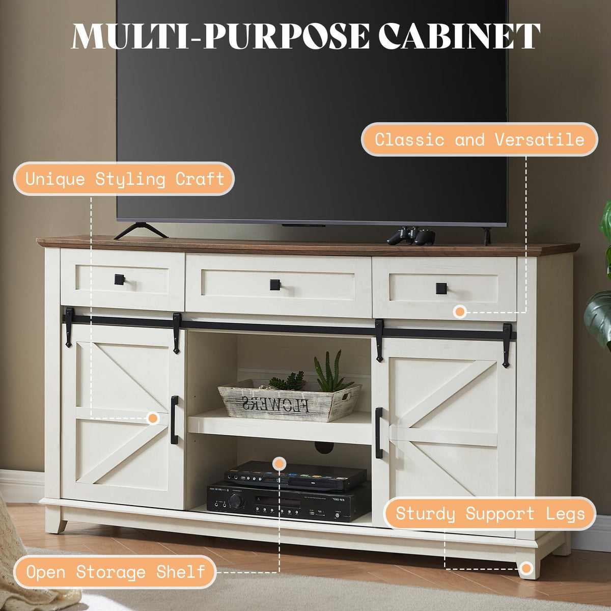 AMERLIFE Living Room Table Set of 5 with 59" TV Stand, Rustic White