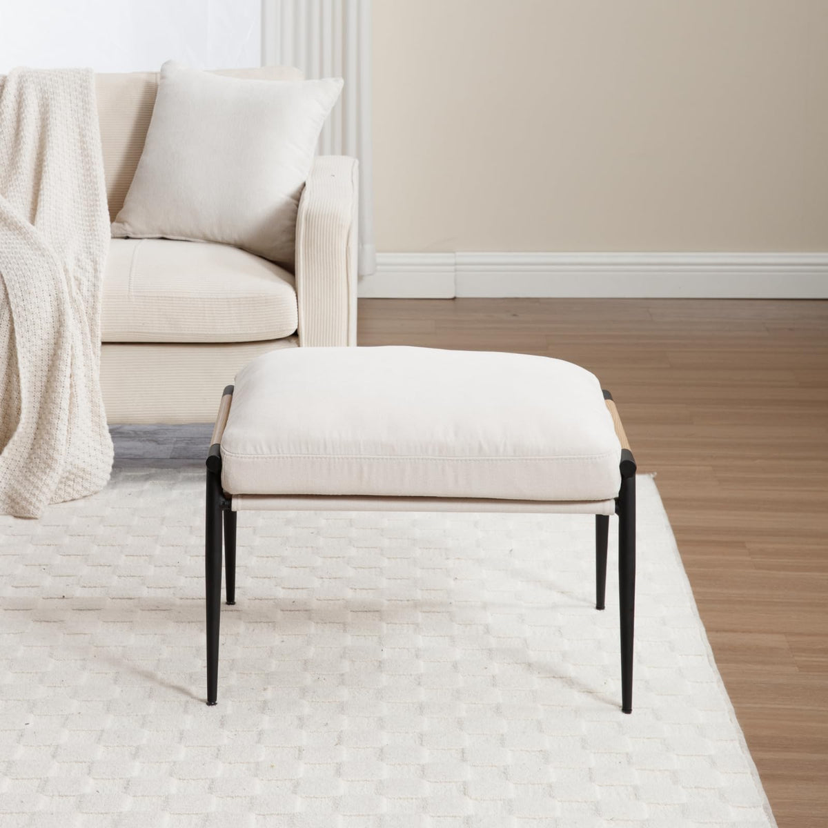 Ya-Home Mid-Century Ottoman, Soft Chenille Fabric Entryway Bench Ottoman Foot Rest with Metal Legs Single Seat for Living Room Reading Room, Beige