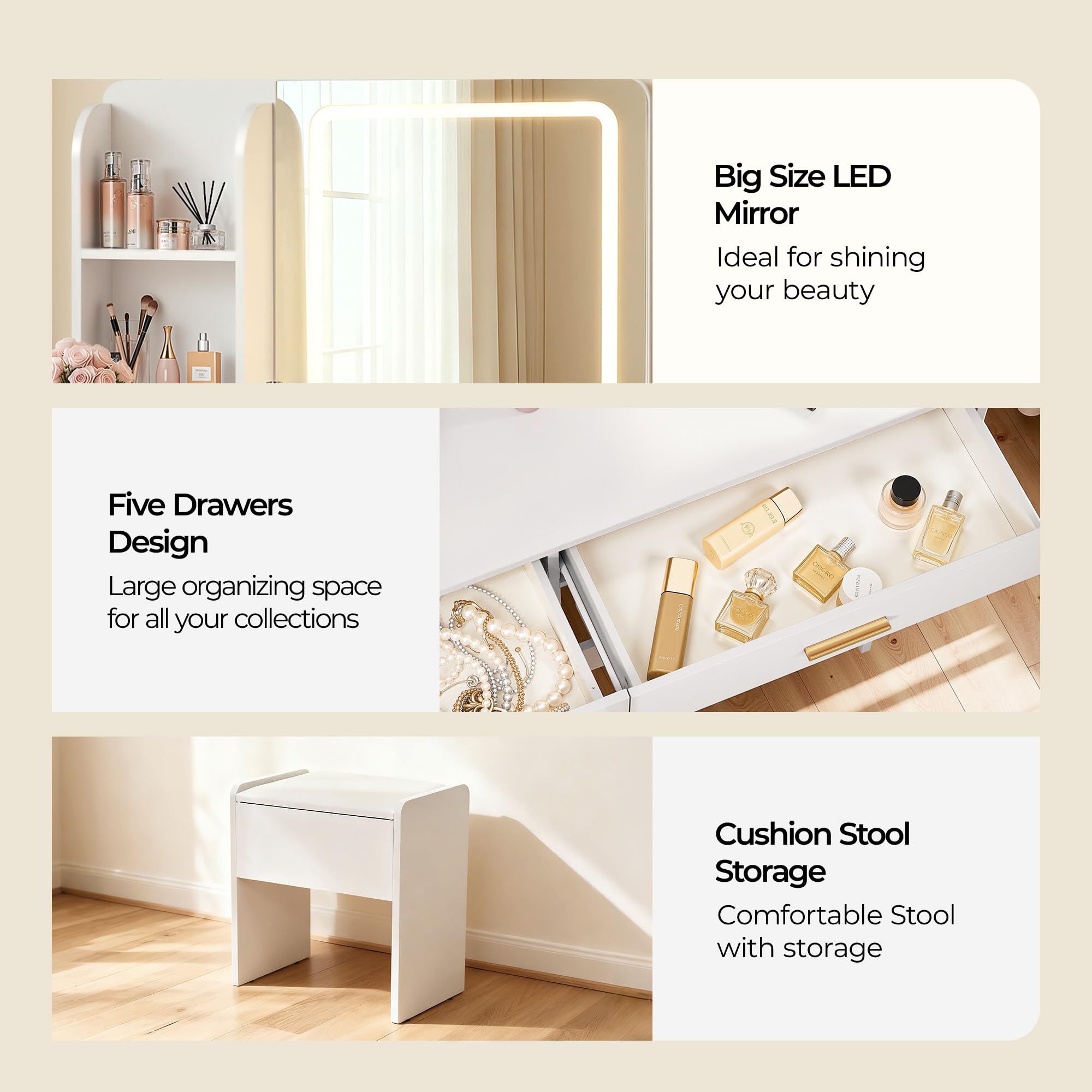 LED Makeup Vanity Desk with Mirror, Drawers & Storage Stool