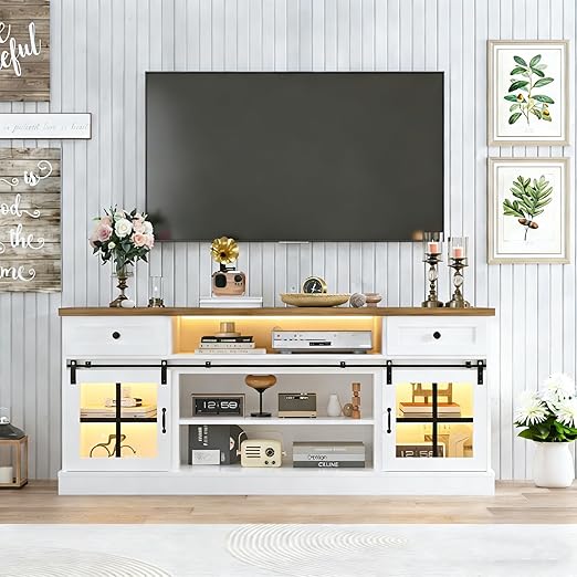 Farmhouse TV Stand with Drawers, Power Outlets & LED Lights
