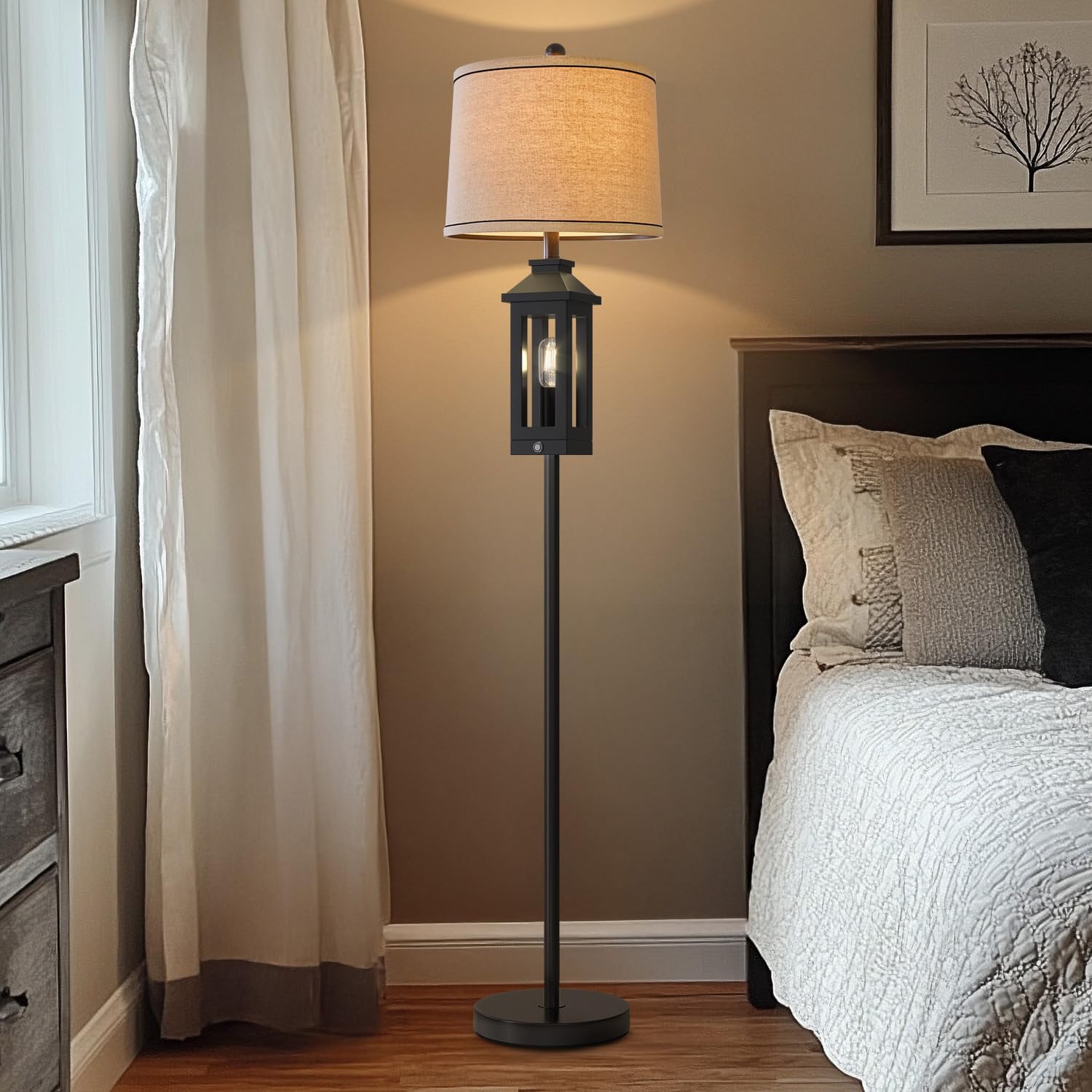 G-SAFAVA 63" Floor Lamps for Living Room Bedside Nightstand Lamp All Black Tall Standing Lamp for Home Decor Bedroom Reading Lamp Farmhouse Rustic Bed Lights with 2 Light Sources (2 Bulbs)