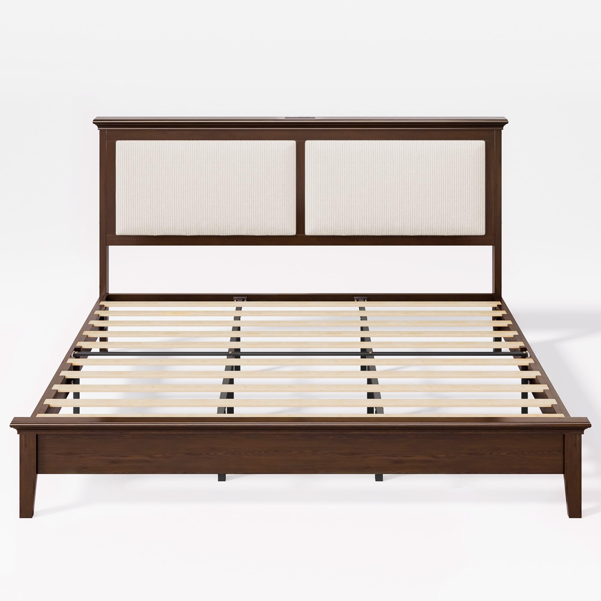 Lifezone Queen Bed Frame with Headboard, Solid Wood Bed Frame Queen Size with Charging Station & RGB LED, Wood Slats Support, Noise-Free, Sturdy Structure, Easy Assembly, Walnut