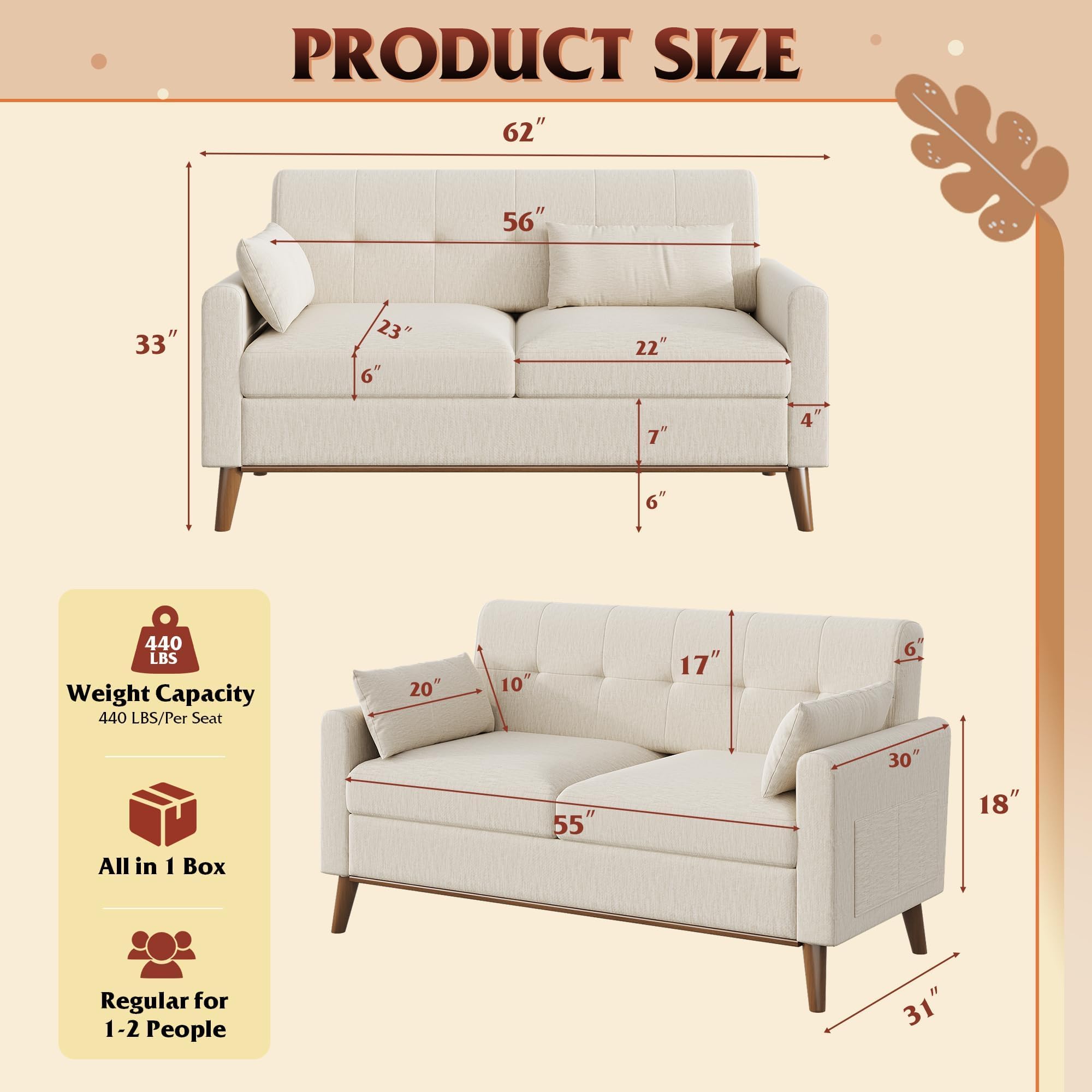 62" Button-Tufted Loveseat Sofa
