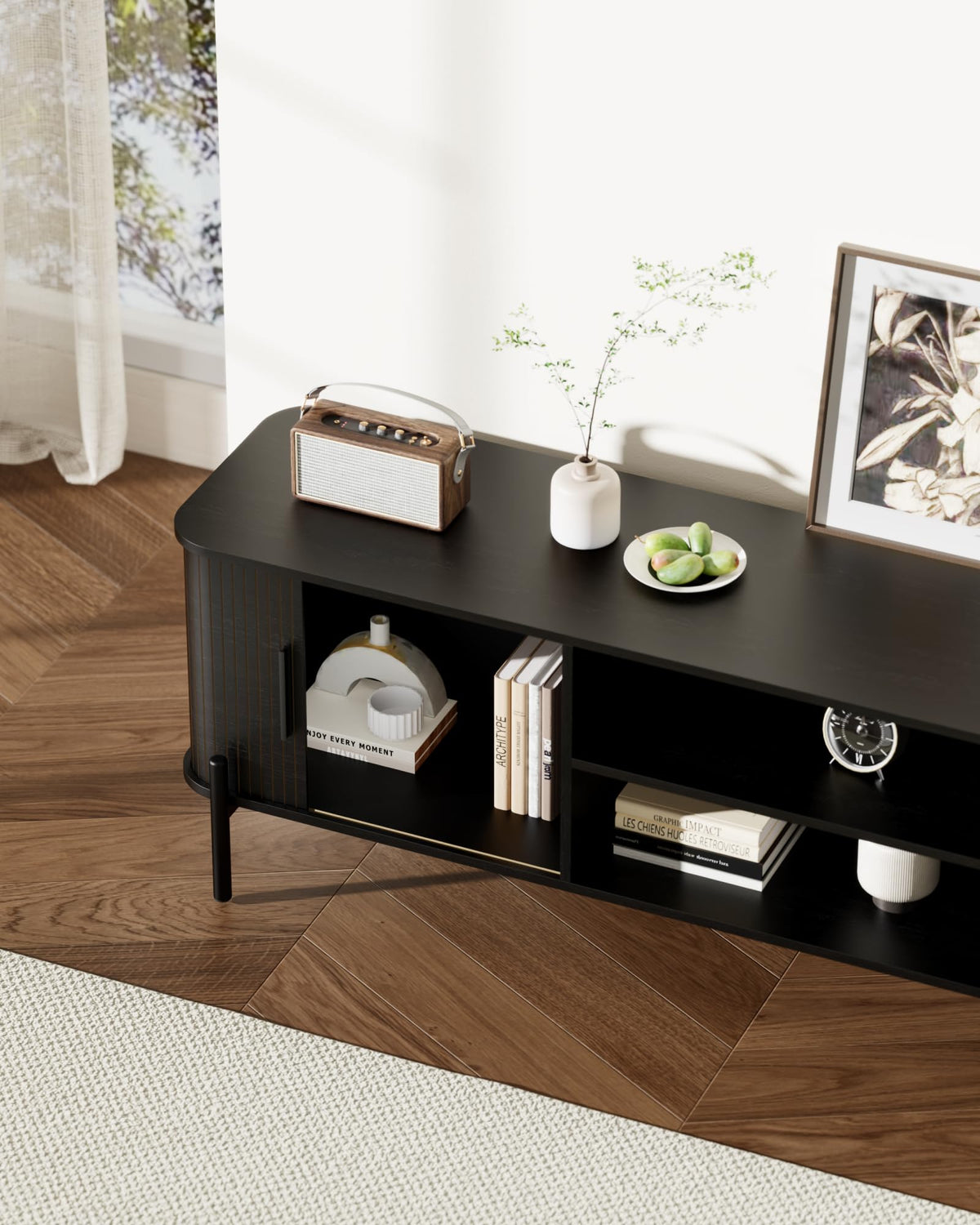 SUNCOZE 70" Mid-Century Fluted TV Stand with Storage up to 80 Inch, Black