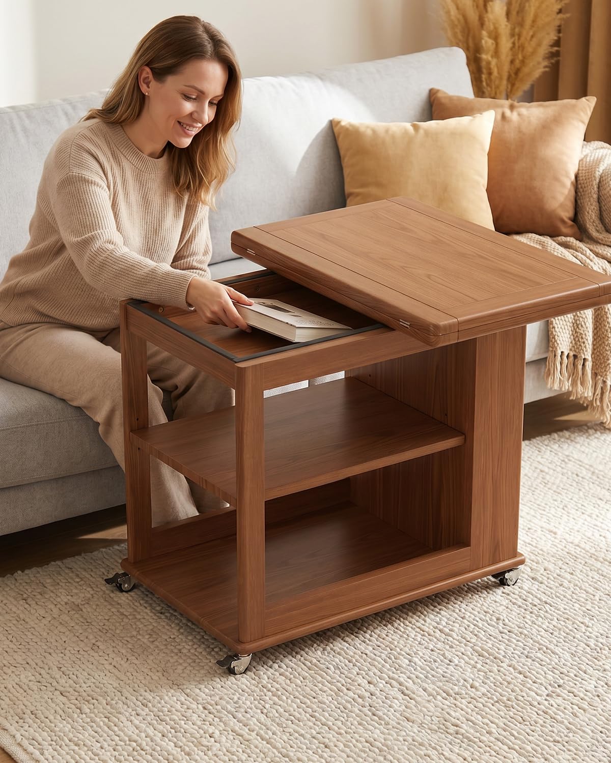 YQJJGL Expandable Coffee Table with Hidden Storage and Wheels, Convertible Wood Center Table with 2-Tier Adjustable Shelves, Rolling Coffee Table for Living Room, Small Spaces, Walnut