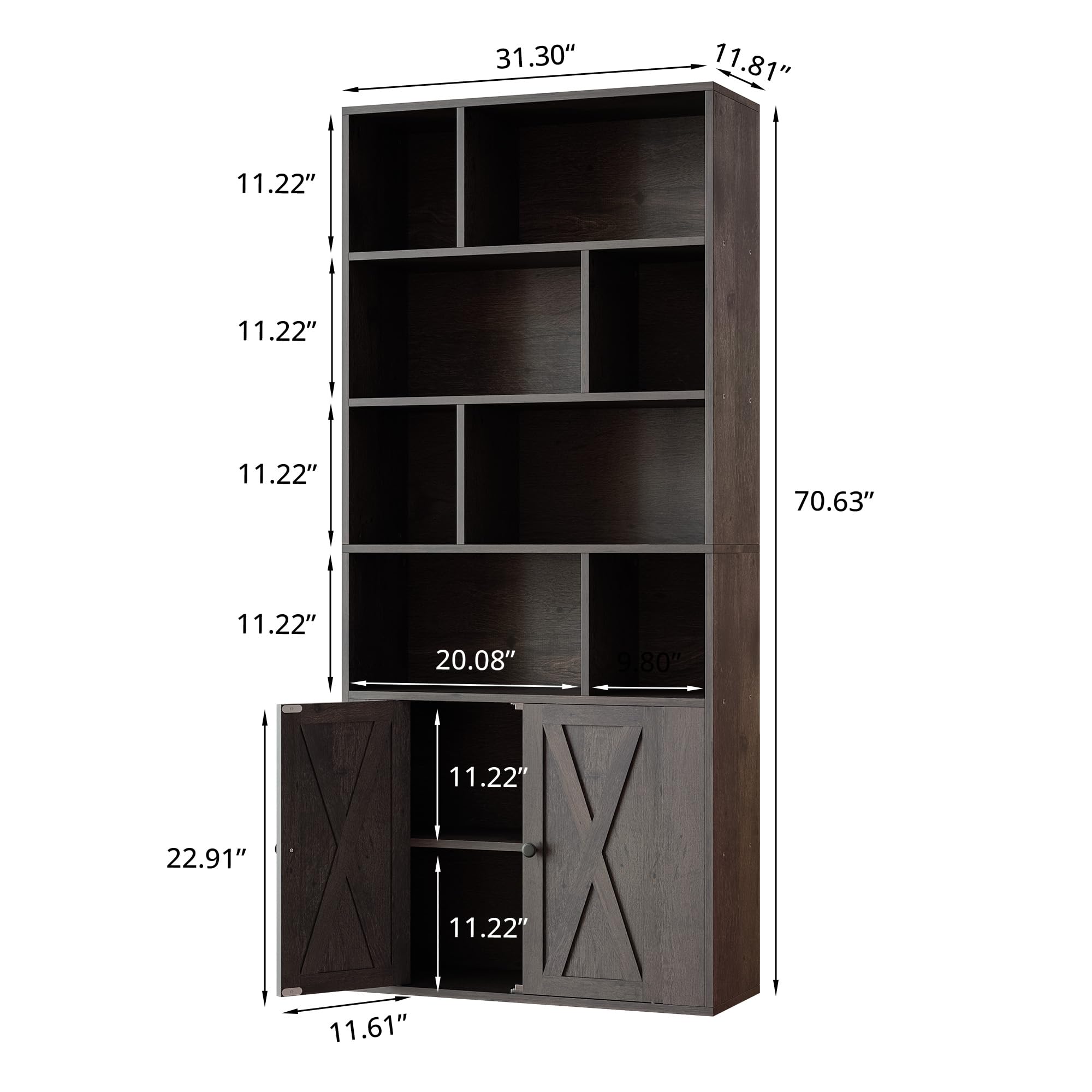 IRONCK Book Shelf, Tall Bookshelf with Storage, Bookshelves and Bookcases with Doors, 4-Tier Bookcase with 8 Open Cubes for Living Room, Office, Study, Charcoal Gray