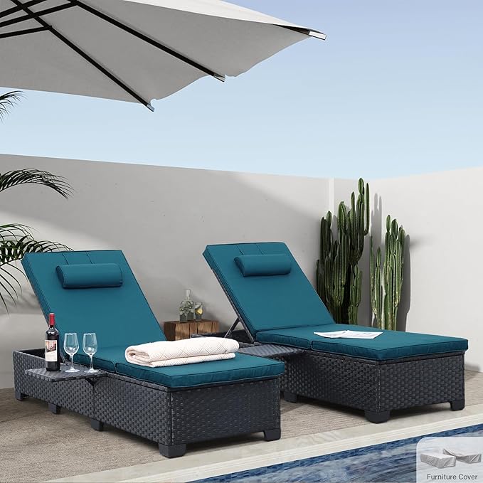 Outdoor Wicker Chaise Lounge Set of 2 with Cushions & Side Shelf
