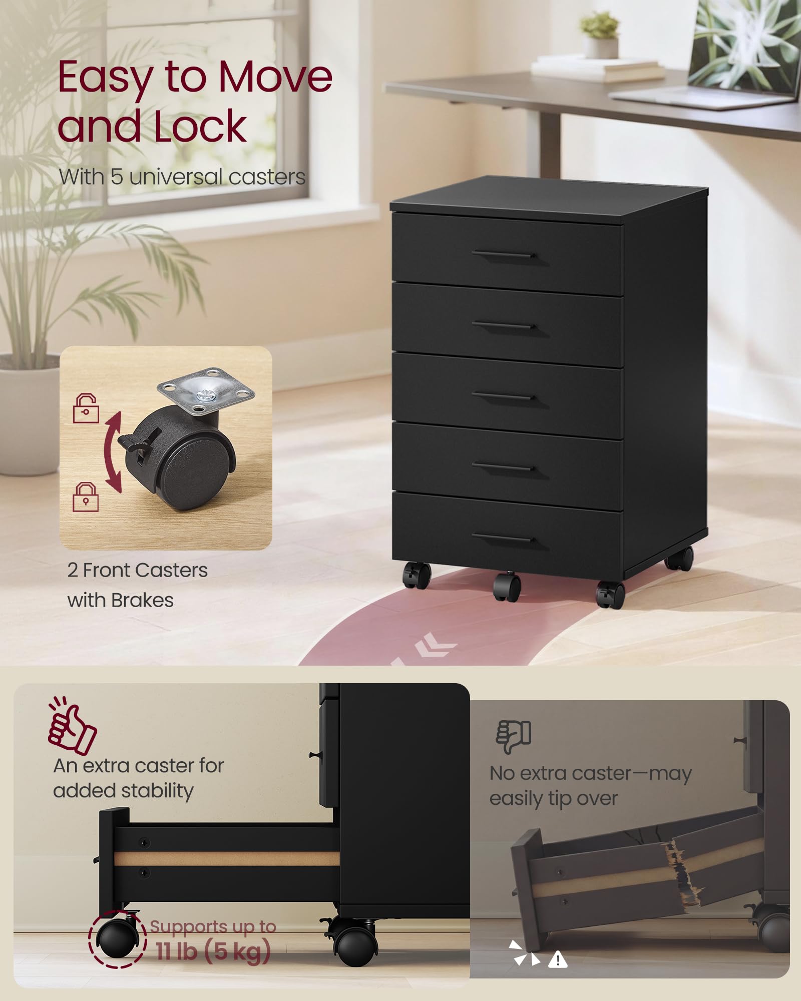 VASAGLE Custos Collection - File Cabinet, Mobile Pedestal Filing Cabinet with Wheels, Printer Stand with 5 Drawers, Tool-Free Sliding Rails, for Study, Home Office, Ink Black UOFC081BC01S