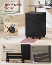 VASAGLE Custos Collection - File Cabinet, Mobile Pedestal Filing Cabinet with Wheels, Printer Stand with 5 Drawers, Tool-Free Sliding Rails, for Study, Home Office, Ink Black UOFC081BC01S