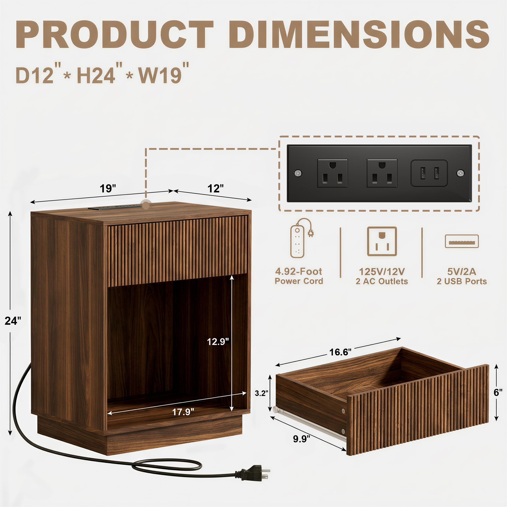 Fluted Nightstands Set of 2, Night Stand with Charging Station, Modern Bed Side Table with Drawer and Storage Shelf, Wood Mid Century End Table for Bedroom Living Room (Walnut)