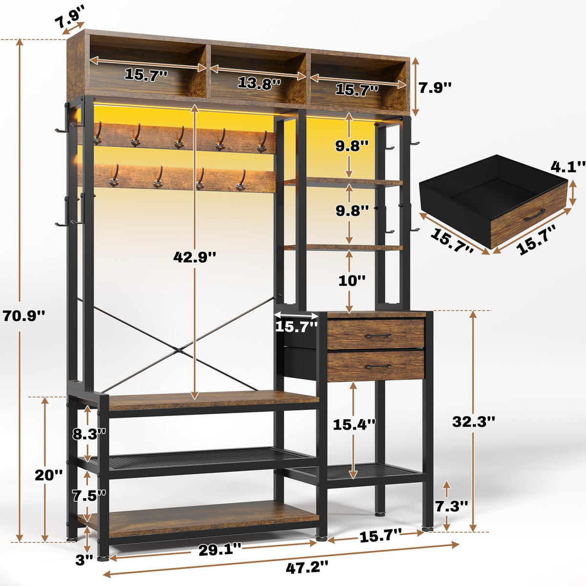 LED Hall Tree with Shoe Bench
