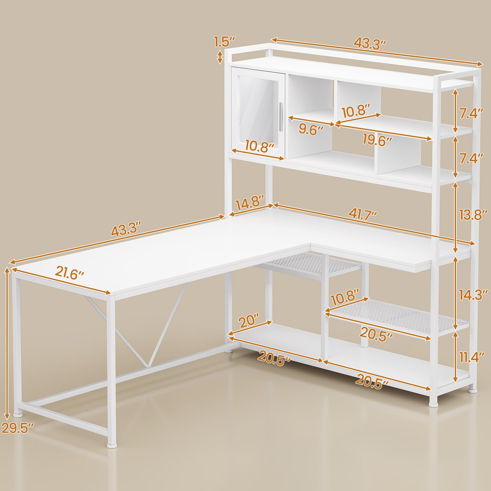 L-Shaped Desk with Bookshelf & LED Light Strips, 58"