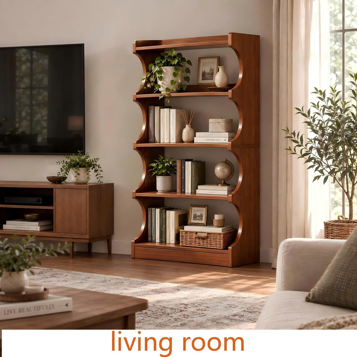 4-Tier Arched Walnut Bookcase