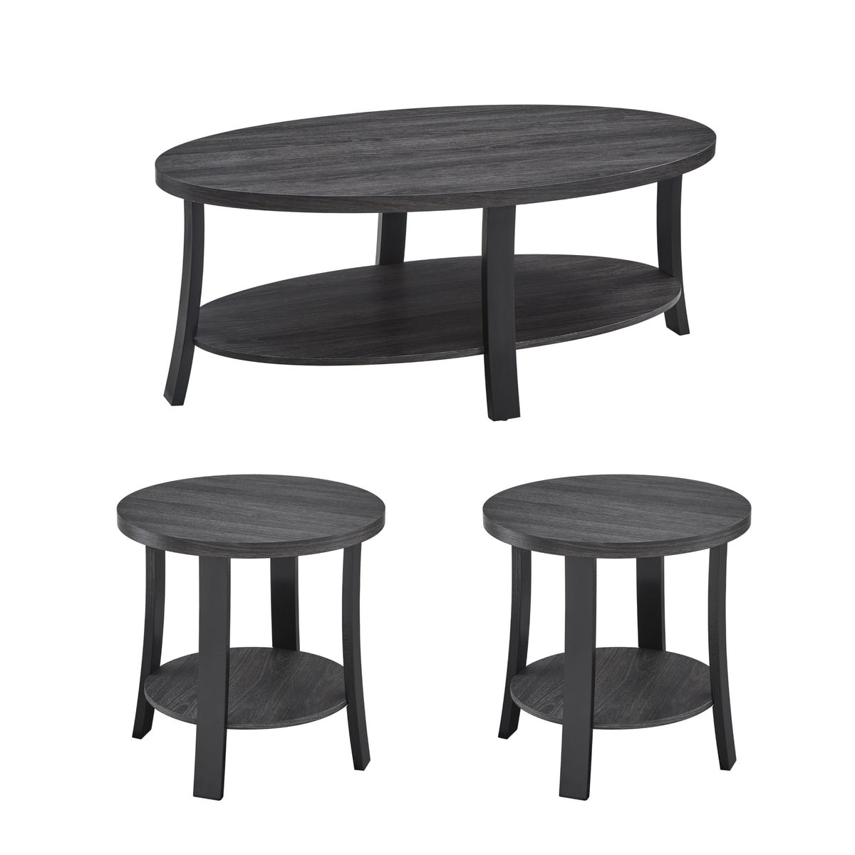Roundhill Furniture Anze Contemporary Oval Wood Shelf 3-Piece Coffee Table Set in Charcoal Finish