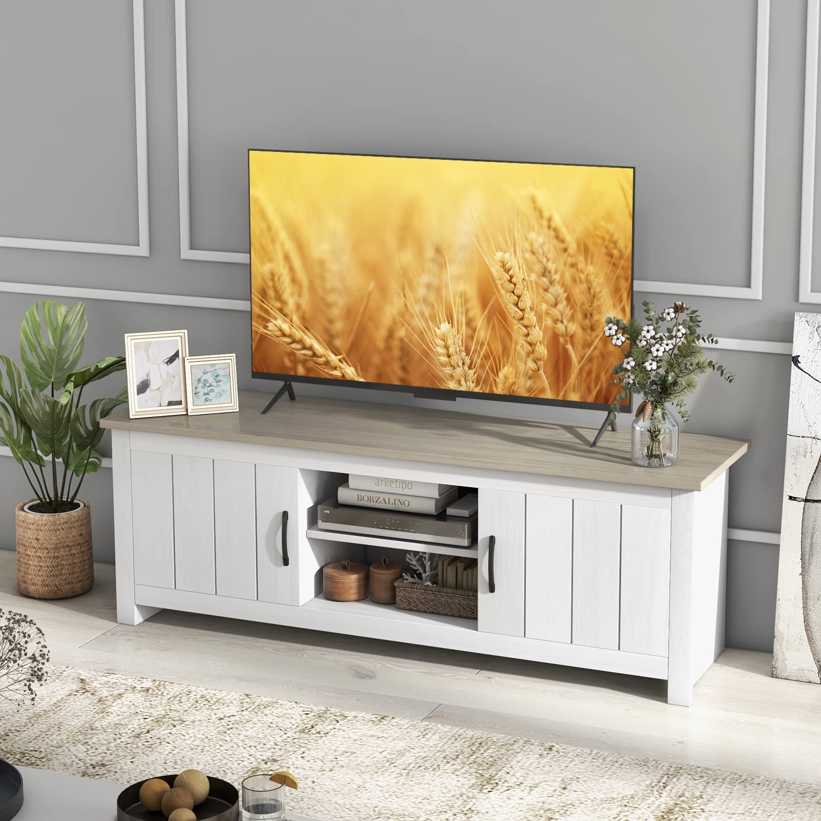 57" TV Stand with Cabinets & Open Shelves