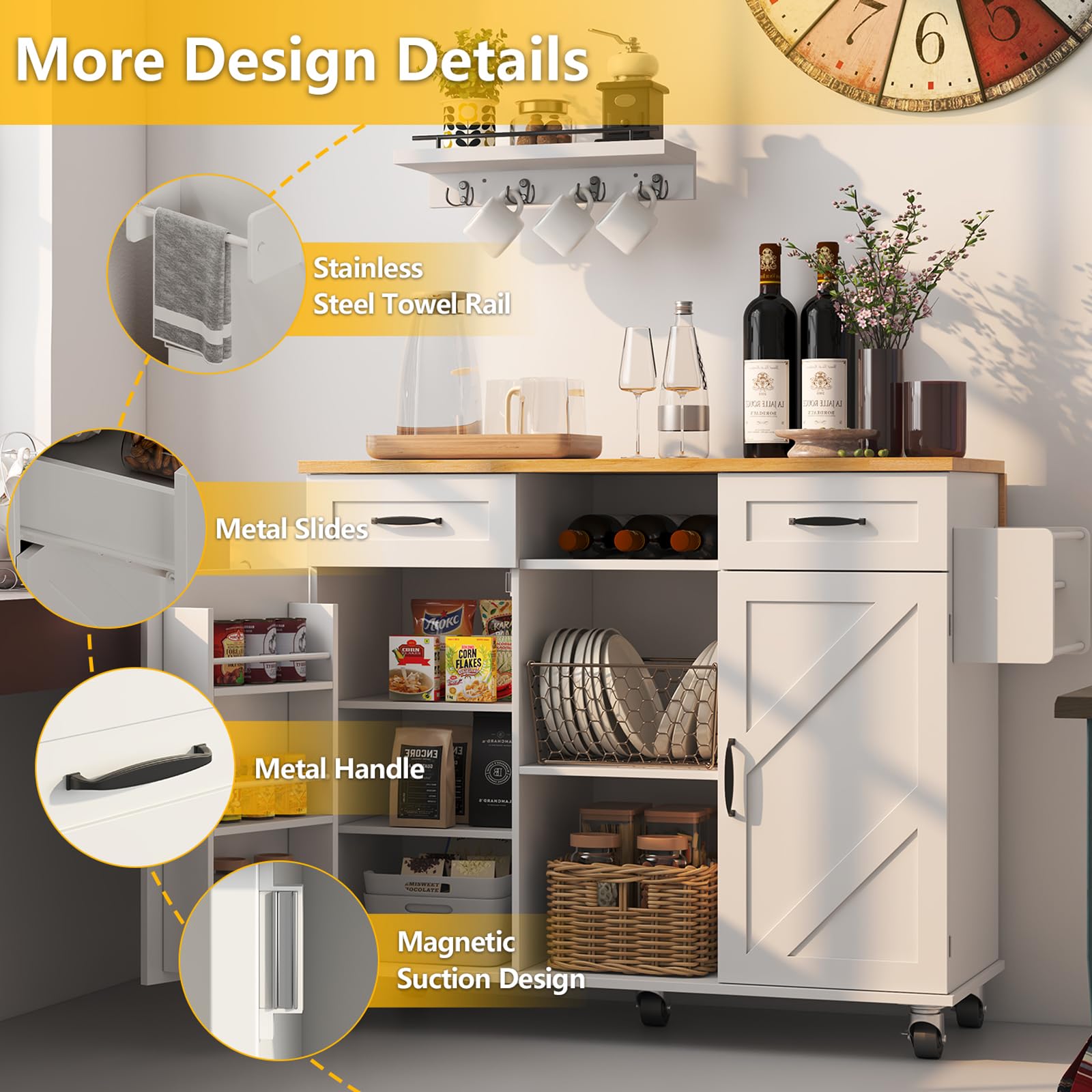 knoworld 51.5'' Rolling Kitchen Island with Storage Cabinet & Drawers, Drop Leaf Kitchen Cart on Wheels, Farmhouse Portable Mobile Islands, Large Butcher Block Table with Tower/Spice Rack, White