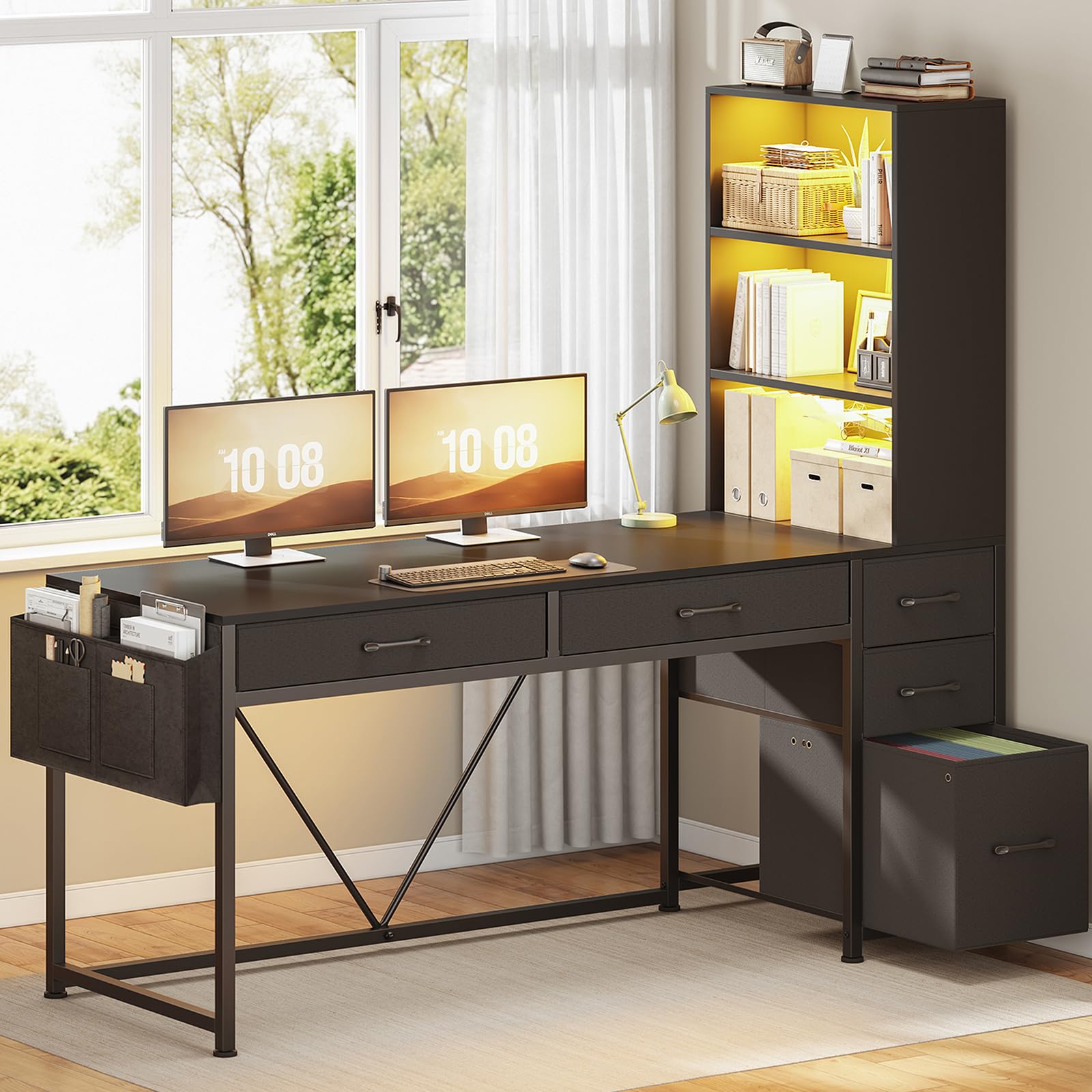 Reversible Gaming & Home Office Desk with Drawers, Bookshelf & RGB LED Lights
