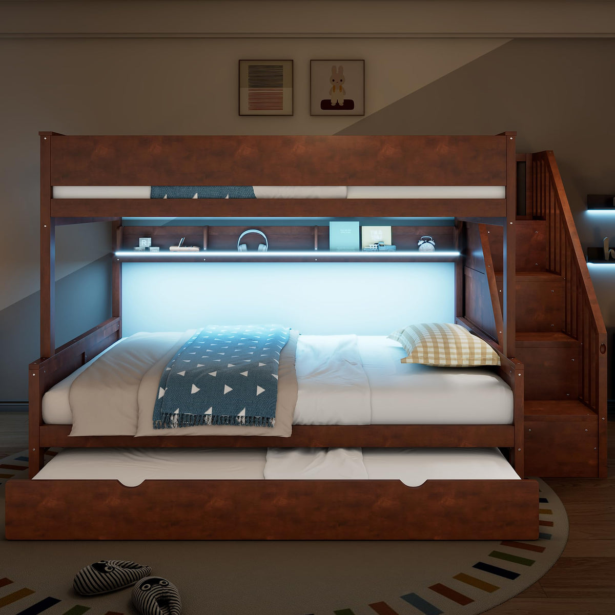SOFTSEA Full XL Over Queen Bunk Bed with Trundle & Stairs, Solid Wood Bunk Bed Frame with Storage Shelves & LED Lights, Space Saving Bunk Beds with Storage Stairs for Kids Teens Adults, Walnut
