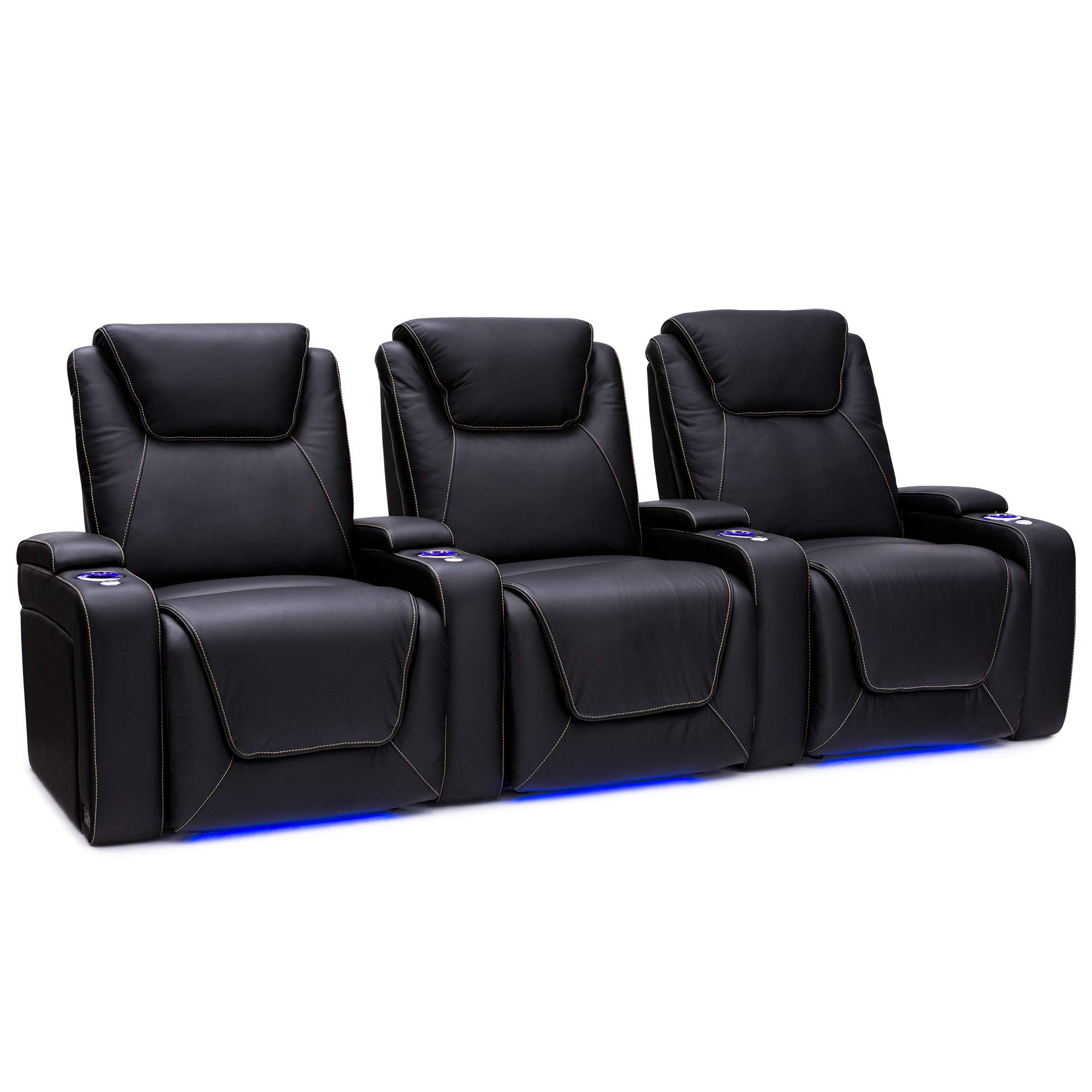 Seatcraft Pantheon - Big & Tall - Home Theater Seating - Living Room - 400 lbs Capacity - Italian Leather - Power Recline - Powered Headrest and Lumbar - Cupholders - Arm Storage, Row of 3, Black