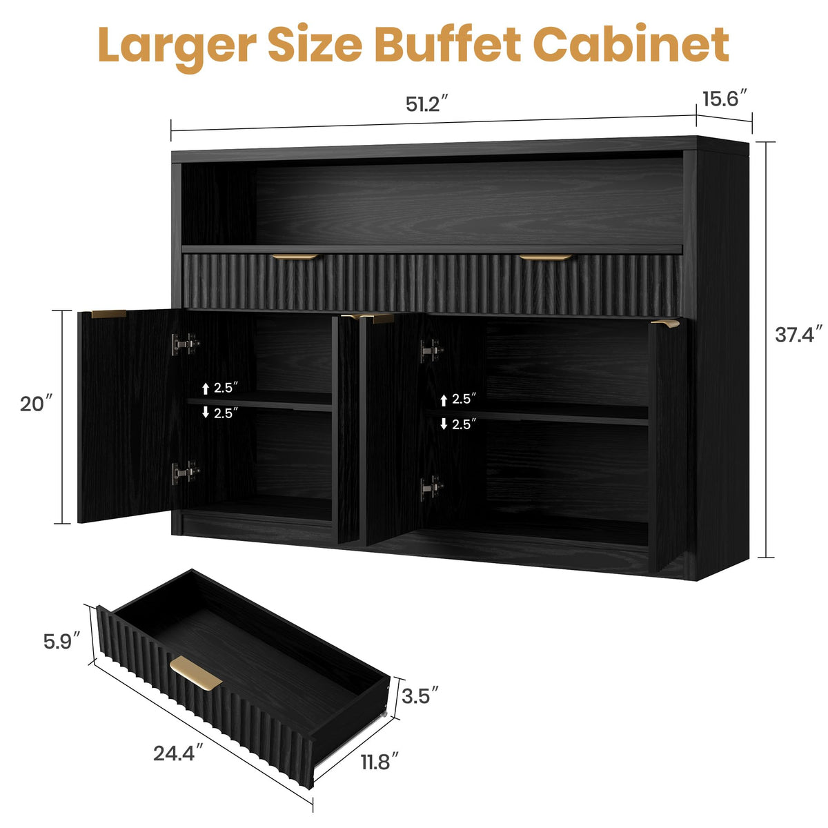 Garvee 51" Buffet Sideboard Cabinet, Modern Hutch Storage Cabinets Black