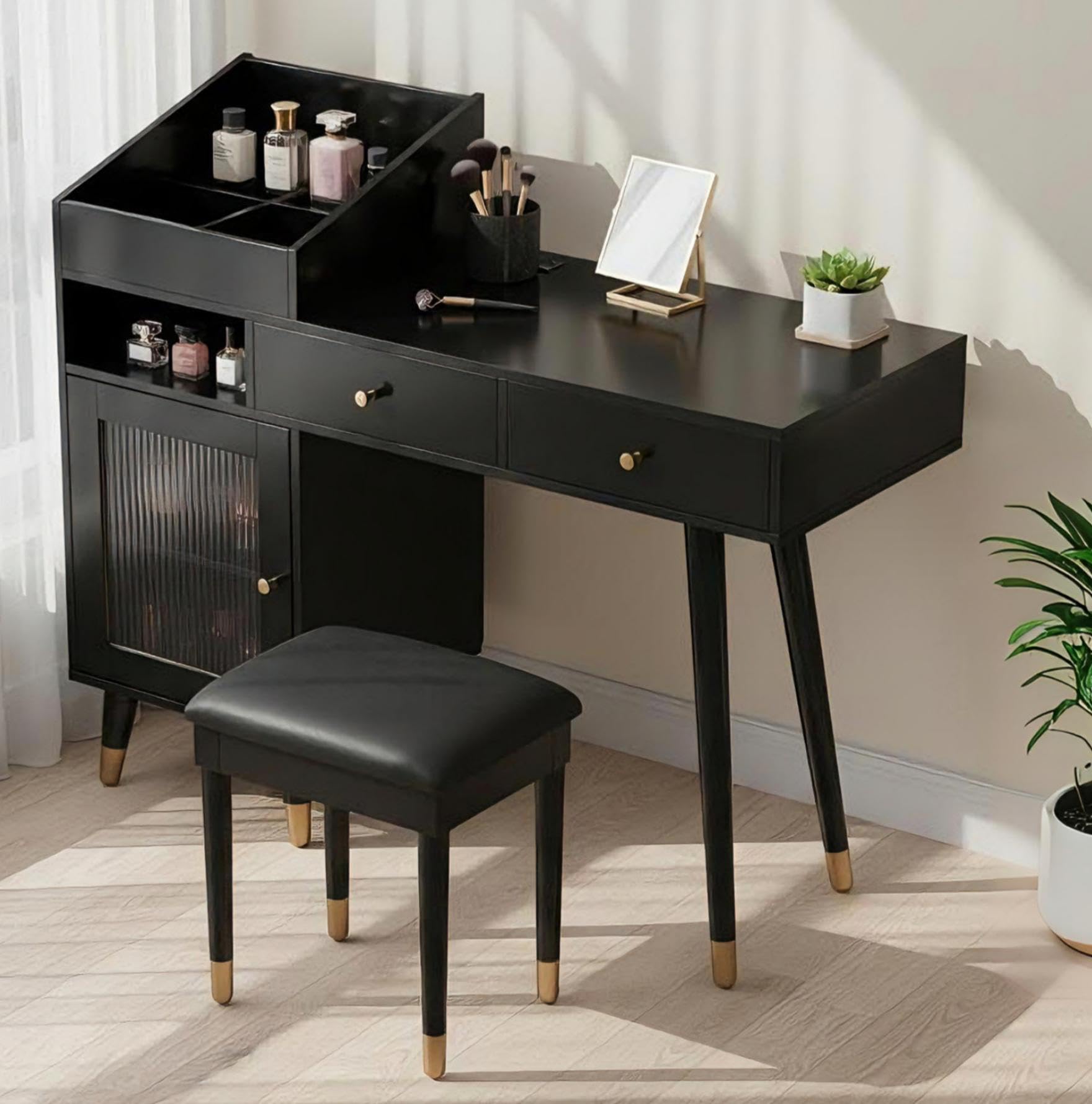 Merax 44" Vanity Desk No Mirror, Modern Black Makeup Vanity Set with Stool and Power Outlet, Writing Desk Dressing Table with 4 Cubby Divided Storage, 2 Drawers & Cabinet for Bedroom Office Dorm