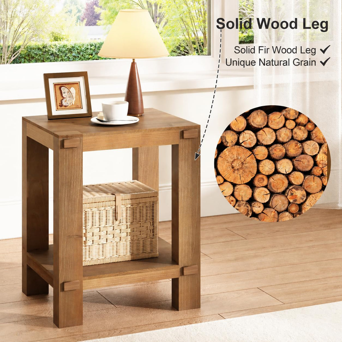 ZOVAZEN Wood End Table, 2-Tier Side Table with Storage Shelf