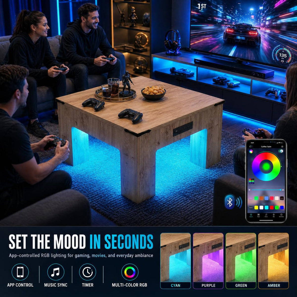 Square LED Coffee Table with Charging Station, Natural