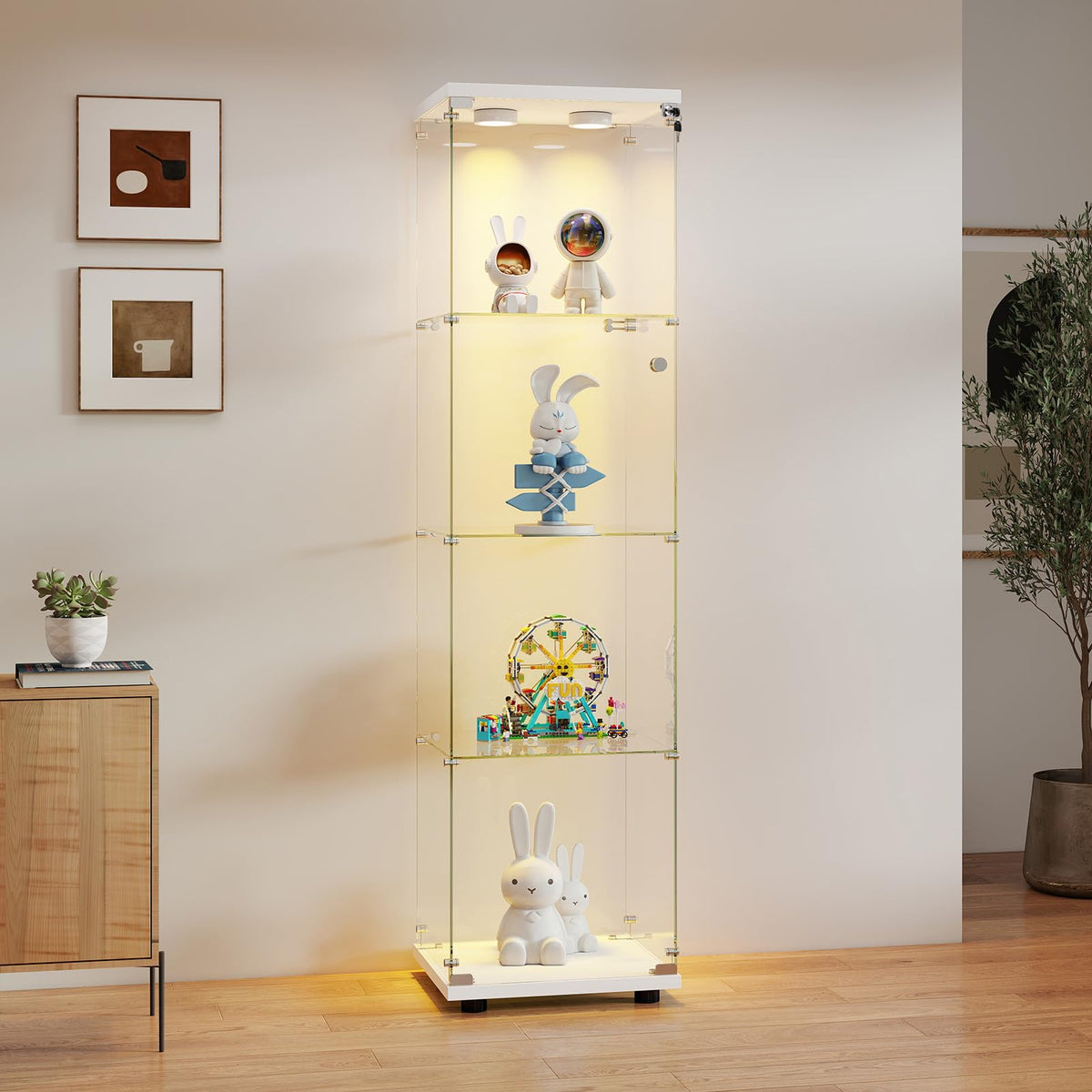 Zevemomo 4-Tier Glass Display Cabinet with LED Lights, White