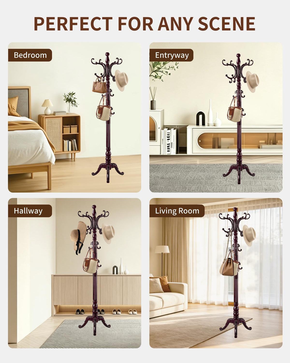ZLRIAOI Wooden Coat Rack, Vintage Solid Wood Coat Rack Stand with 14 Hooks
