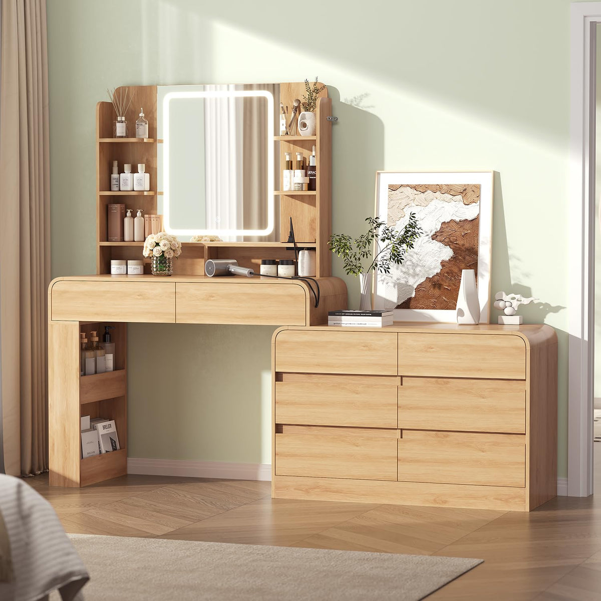 Vanity Desk with Mirror & Lights, 8 Drawers & Charging Station, Natural