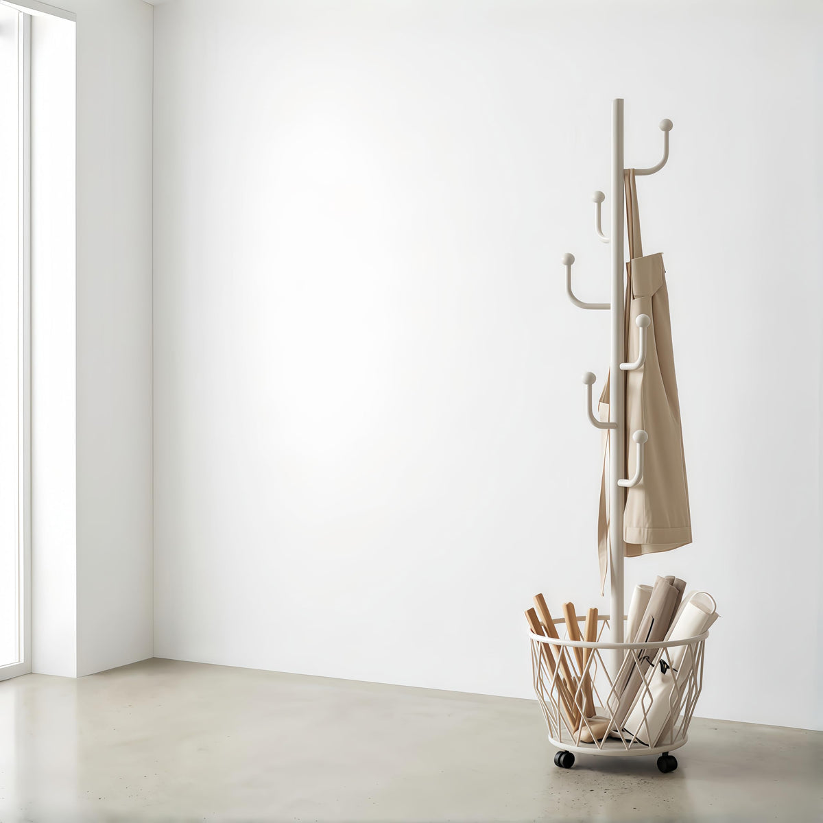 CBBZJY Off-White Moveable Cactus Metal Coat Rack with Basket Freestanding