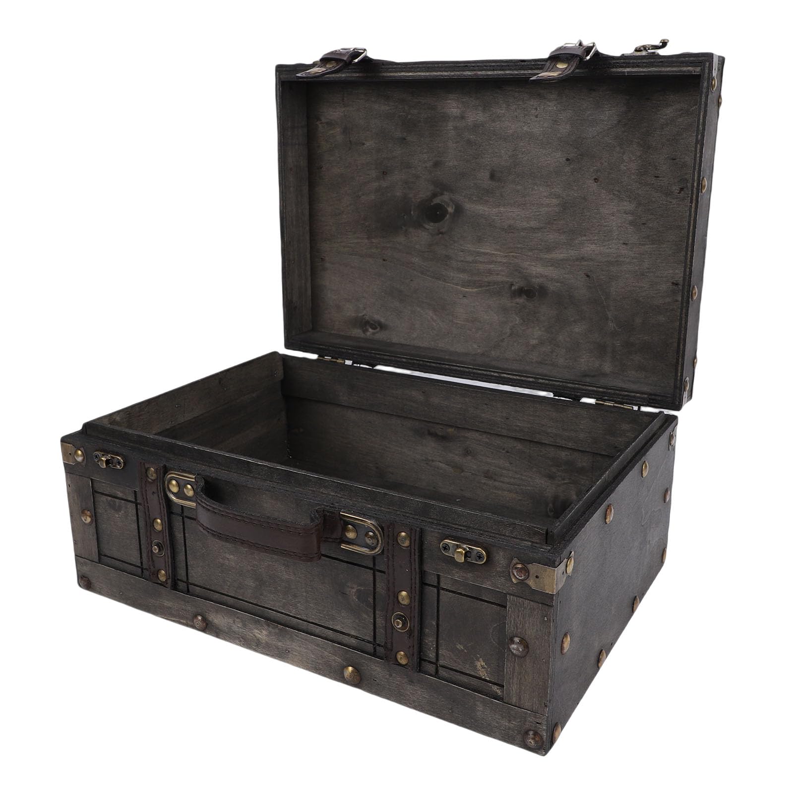 Vintage Wooden Storage Trunk with Hinged Lid & Leather Handle
