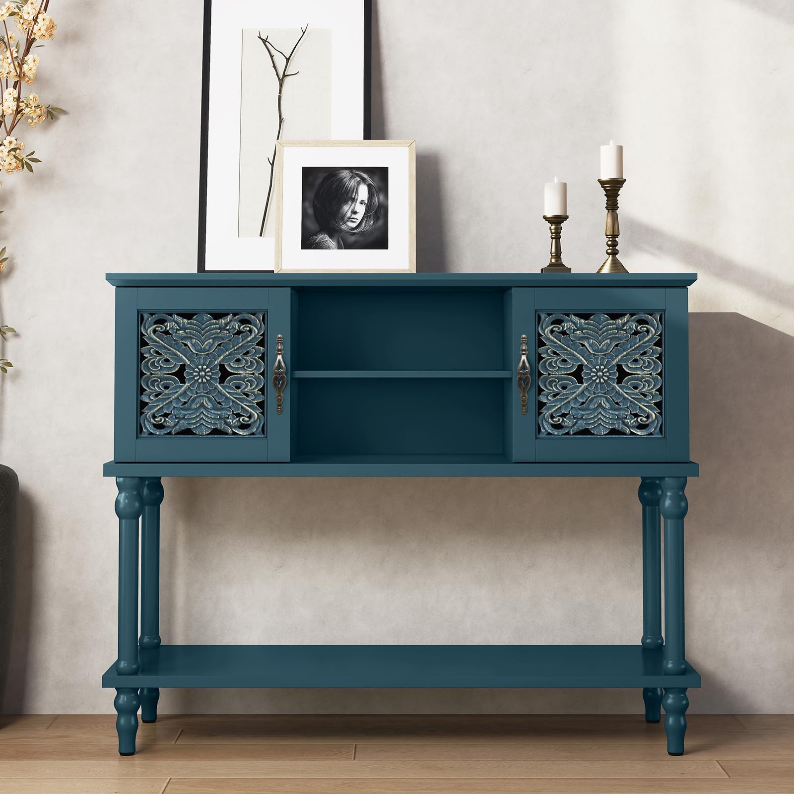 Vintage Console Table with Hand-Carved Doors