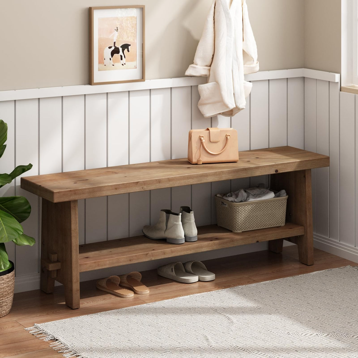 HOKYHOKY Wood Entryway Bench - 51.2" Farmhouse Long Storage Bench, Indoor