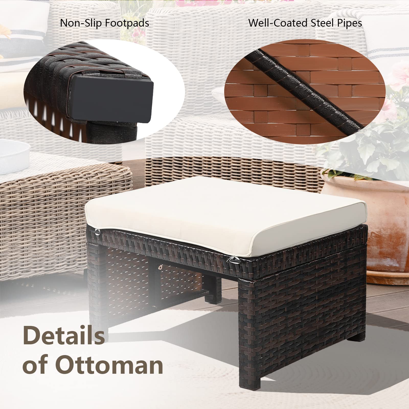 2-Piece Outdoor Rattan Ottoman Set with Cushions