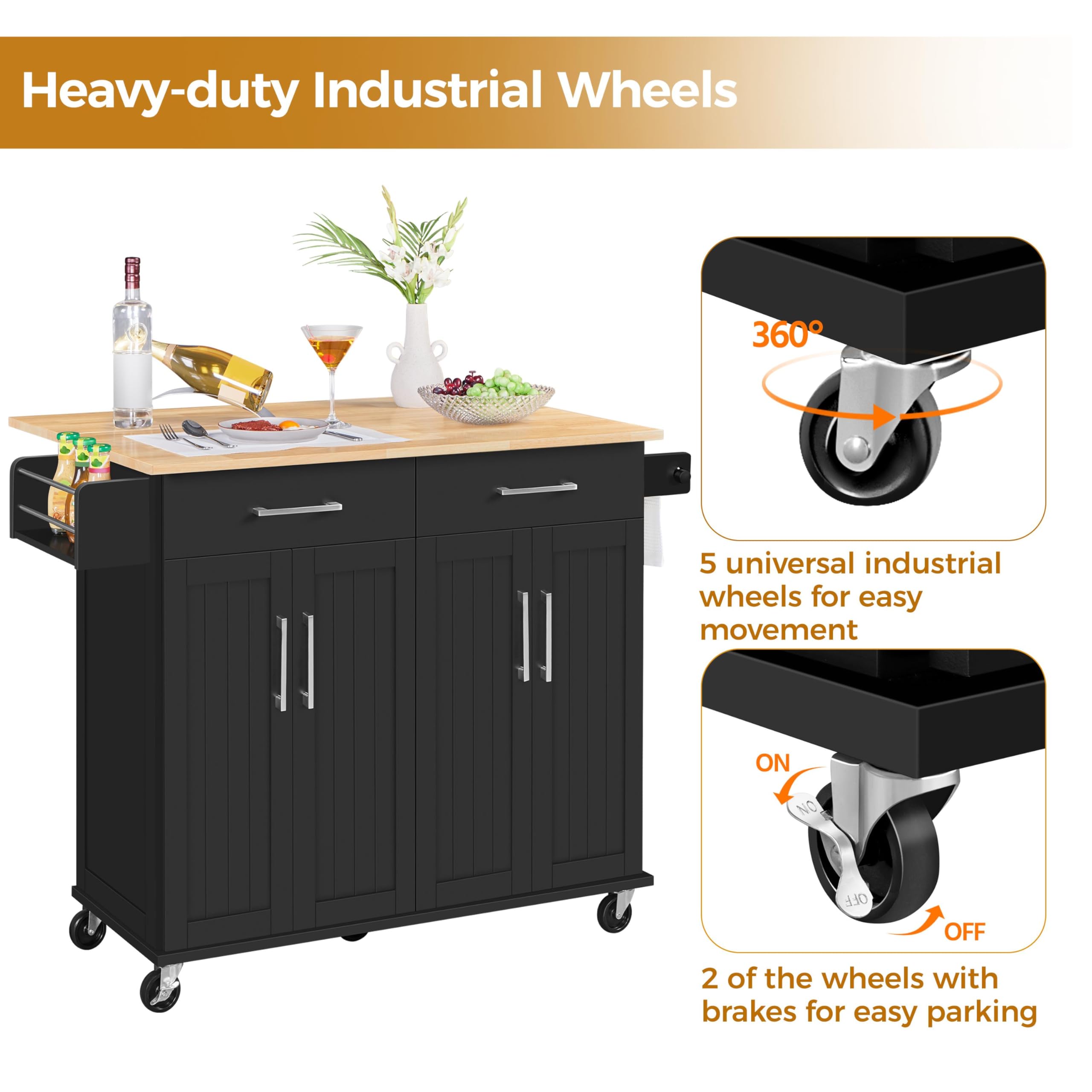 Yaheetech Kitchen Island Cart with Drop Leaf, 49" Rolling Island Table with Storage, Drawer, Kitchen Cart with Rubberwood Top, Detachable Towel & Spice Rack, Black