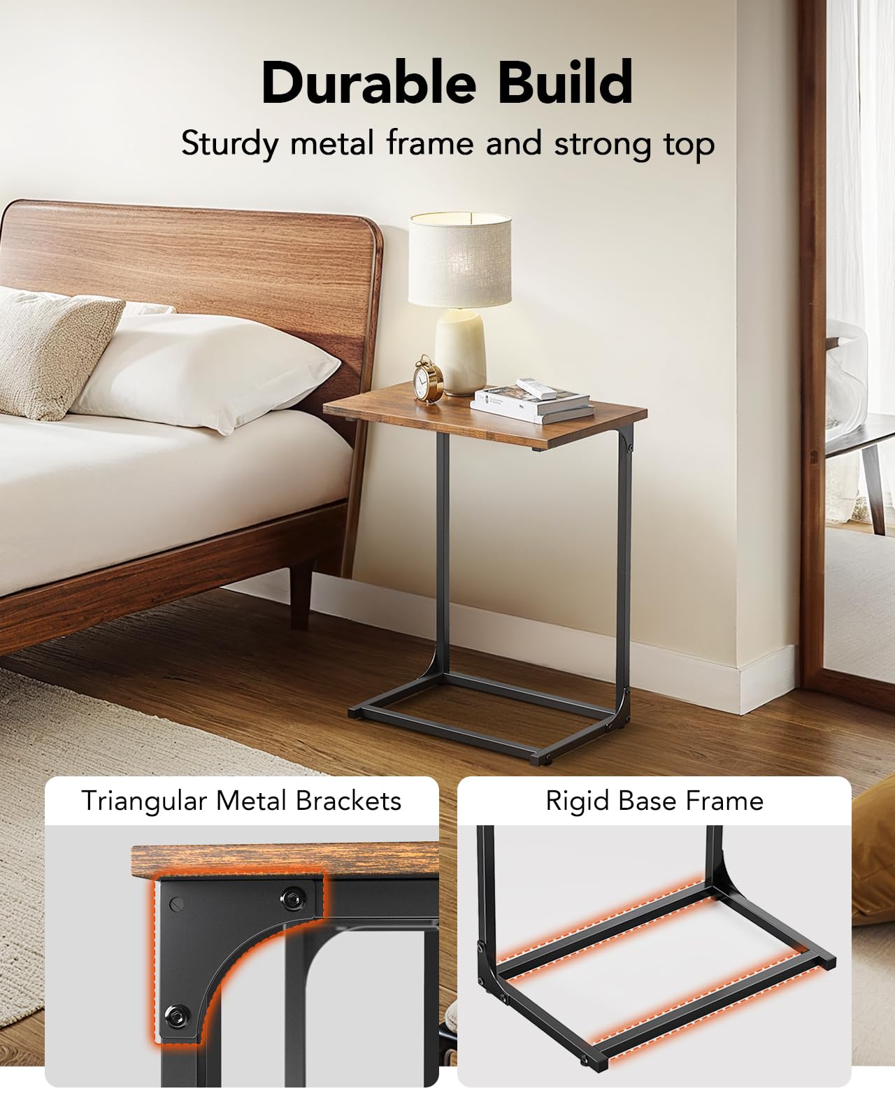 Pipishell C-Shaped Side Table, C Table for Sofa with Two-Piece Desktop & Metal Frame, Large Surface End Table for Living Room, Bedroom, Beside, and Home Office, Rustic Design