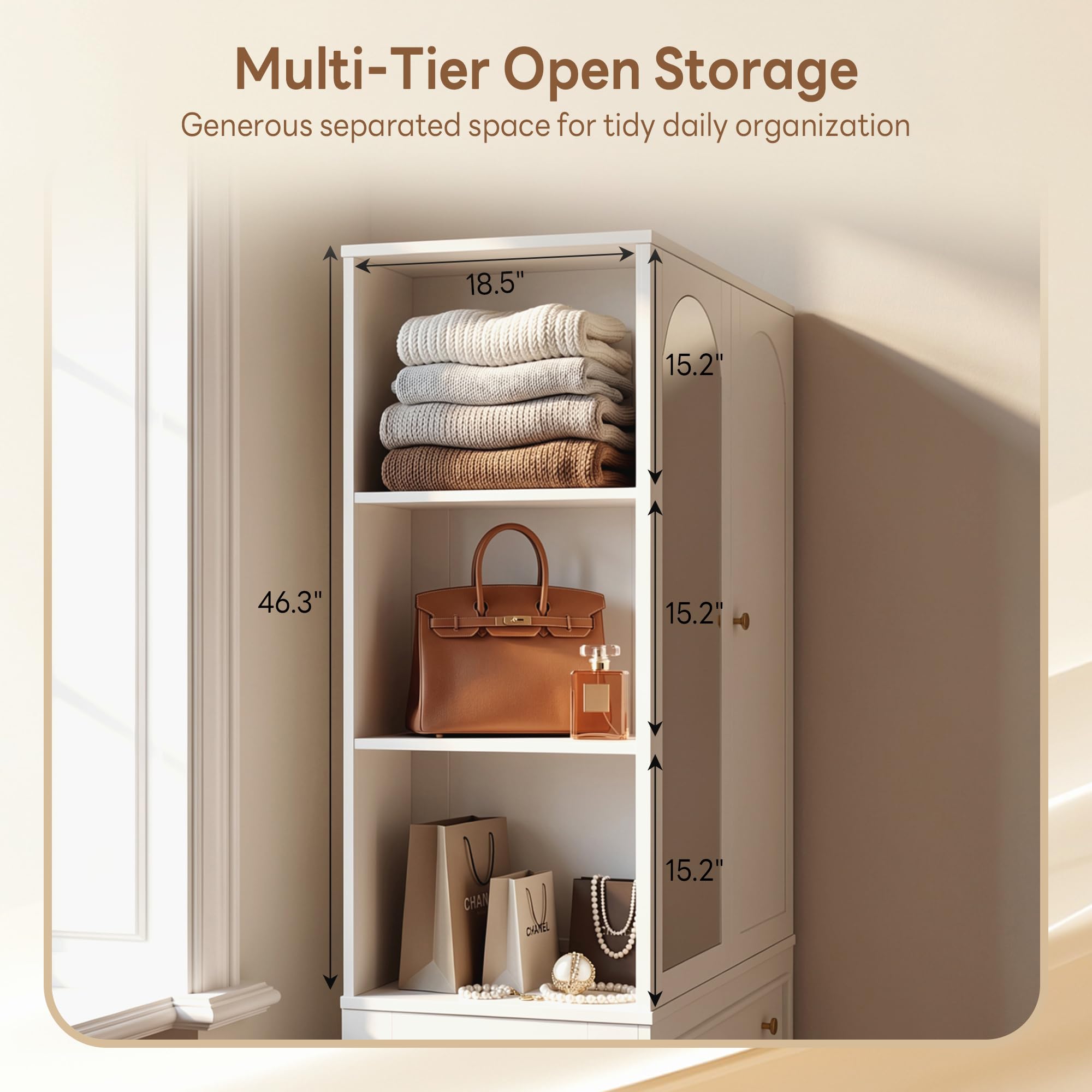 LIKIMIO Armoire Wardrobe Closet with Full Length Mirror, 3 Open Shelves, 71" Freestanding Bedroom Armoire with 2 Drawers, 3 Side Hooks & Hanging Rod, Clothing Storage Cabinet for Bedroom, White
