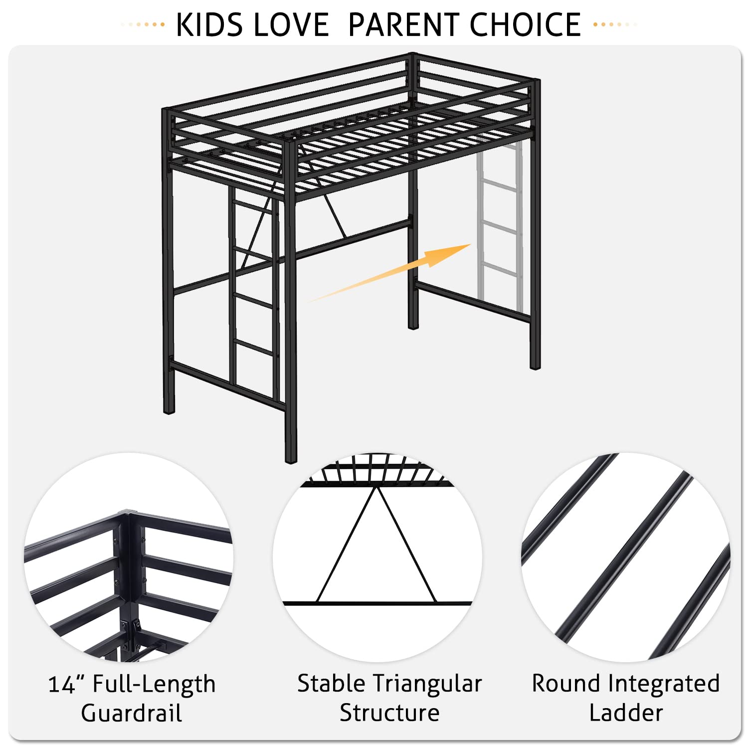 Twin Size Metal Loft Bed with Removable Ladder, Guardrail & Metal Slats