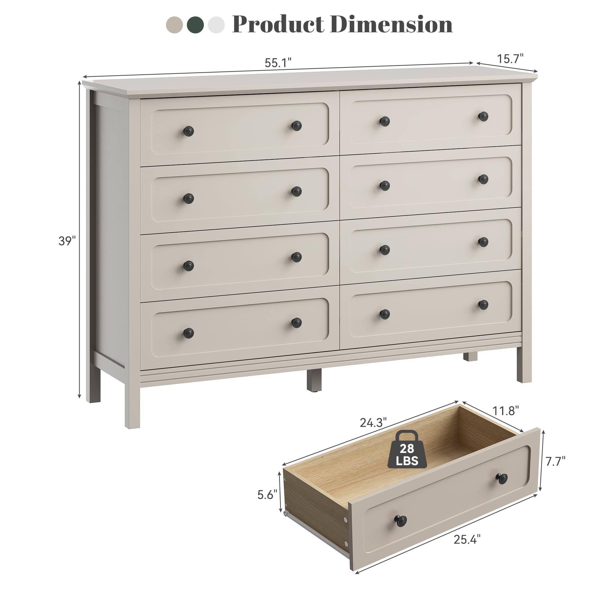 CARPETNAL Beige Dresser for Bedroom, 55" Wide 8 Drawer Dresser with Metal Handles and Deep Drawers, Modern Large Wood Chest of Drawers for Living Room, Hallway.