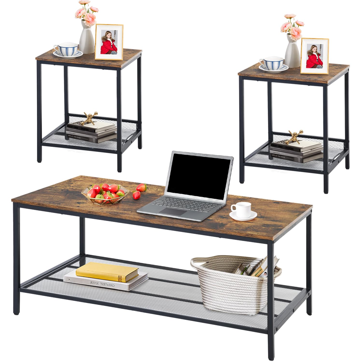 3-Piece Coffee & End Table Set with Metal Frame