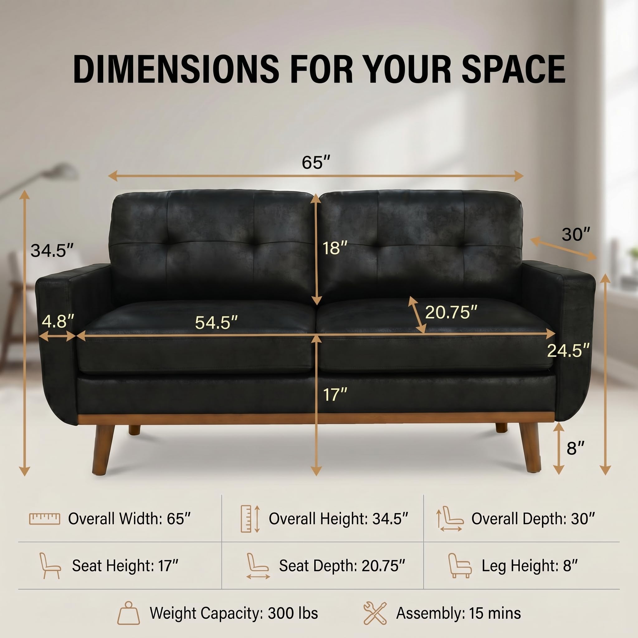 TYBOATLE 65" Loveseat Sofa, Mid Century Modern 2 Seater Couch Love Seat with Tufted Back, Square Arms & Wood Legs, Small Loveseat for Living Room, Bedroom, Apartment, Office (Black)